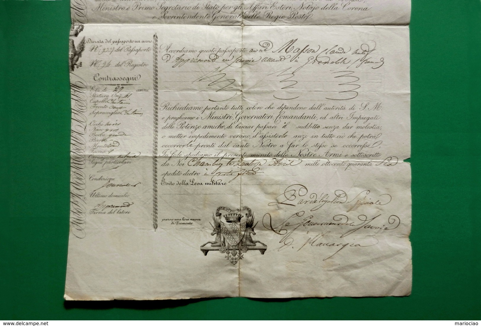 D-IT Regno Di Sardegna 1846  PASSAPORTO Conte Clemente Solaro Della Margarita - Documents Historiques