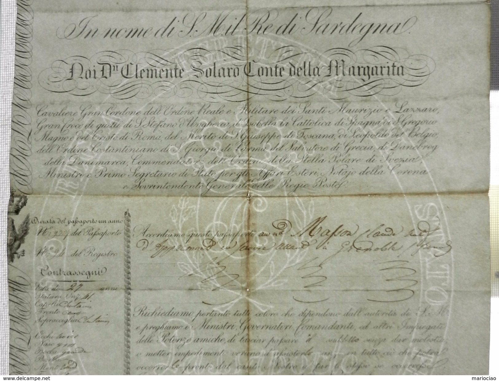 D-IT Regno Di Sardegna 1846  PASSAPORTO Conte Clemente Solaro Della Margarita - Documents Historiques