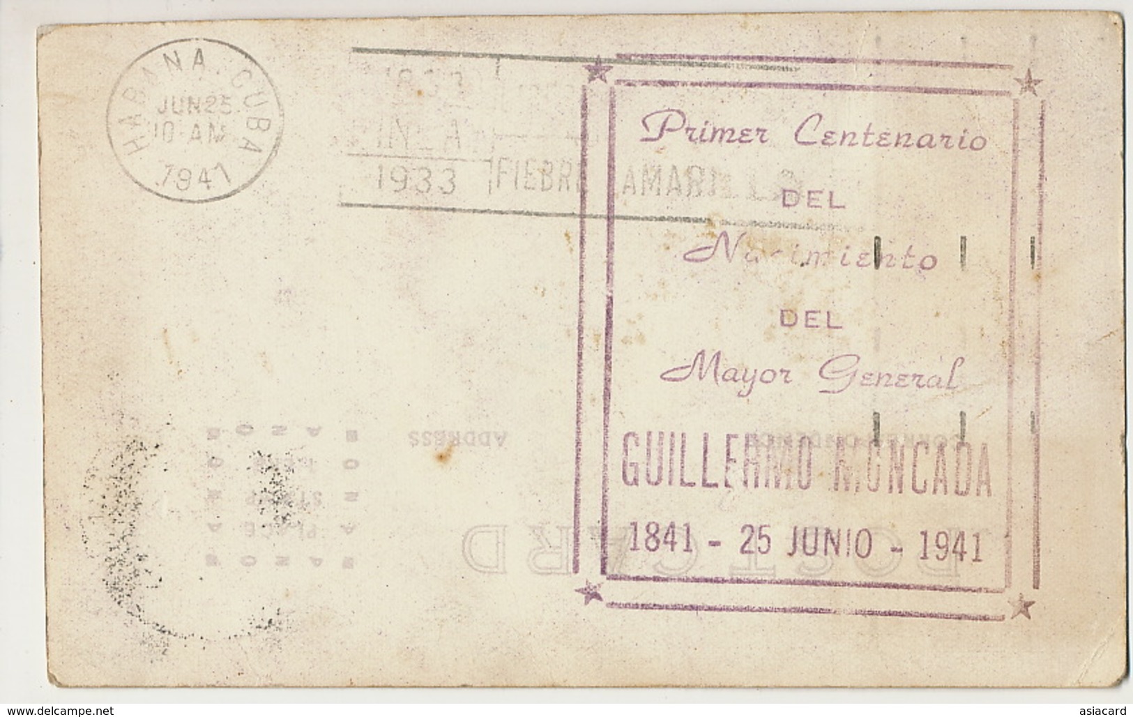 Real Photo Maximum Card Mayor Guillermo Moncada 1941 Centenario Del Nacimiento Guerra Independencia - Cuba