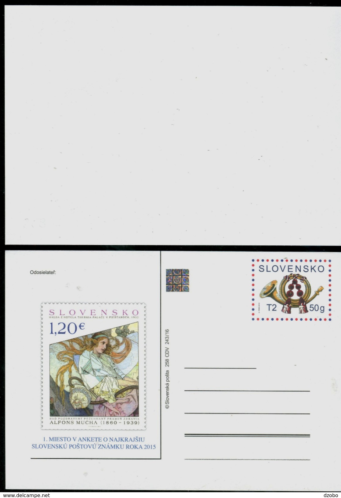 507 SLOVAKIA Prepaid Postal Card-with Imprint-Alfonz MUCHA The Most Beautiful Postage Stamp Of 2015-Maler-Secession - Buste