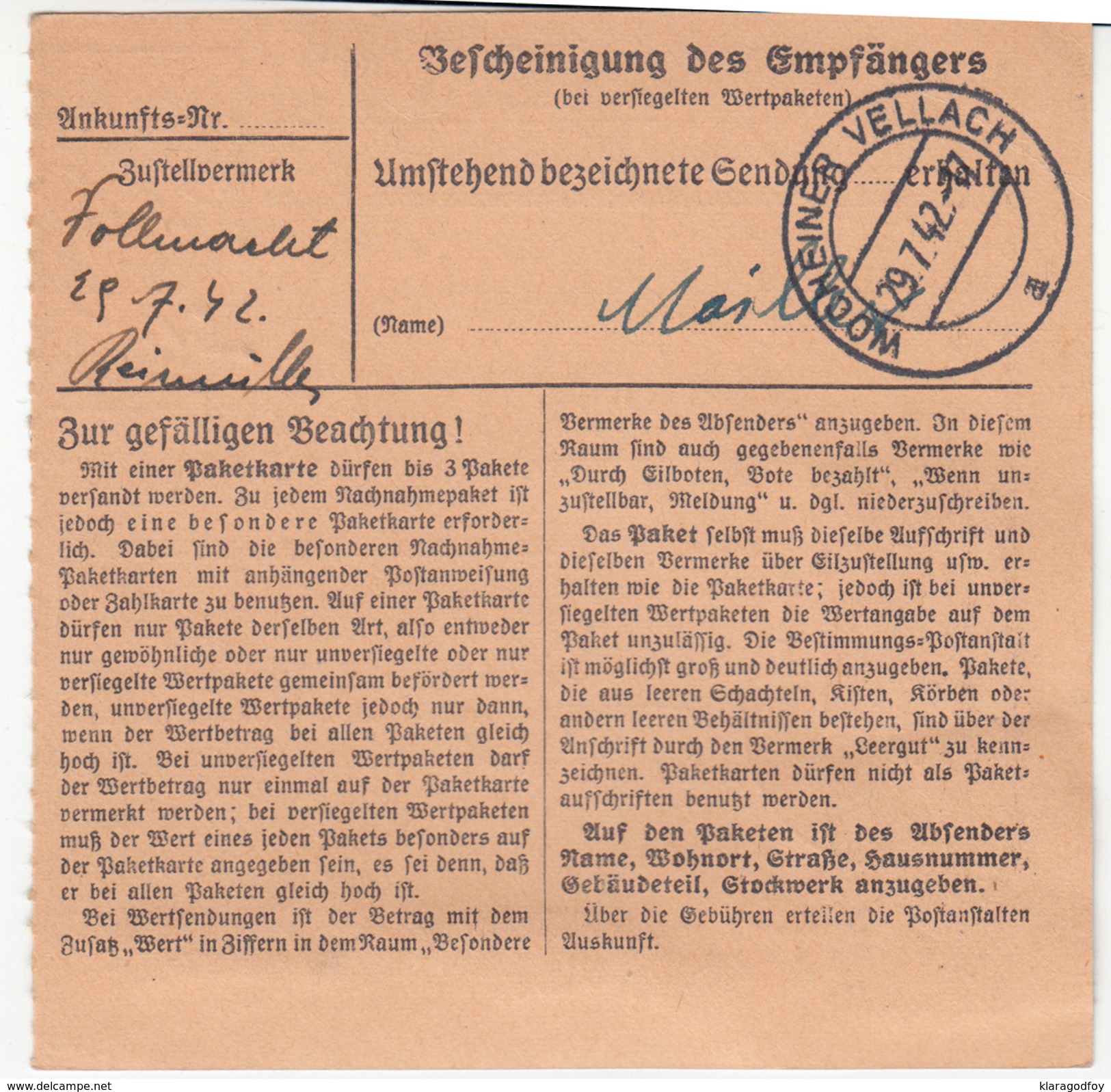 Germany Reich Parcel Card 1942 Moosburg To Wocheiner Vellach (Bohinjska Bela - Slovenia) B170105 - Briefe U. Dokumente