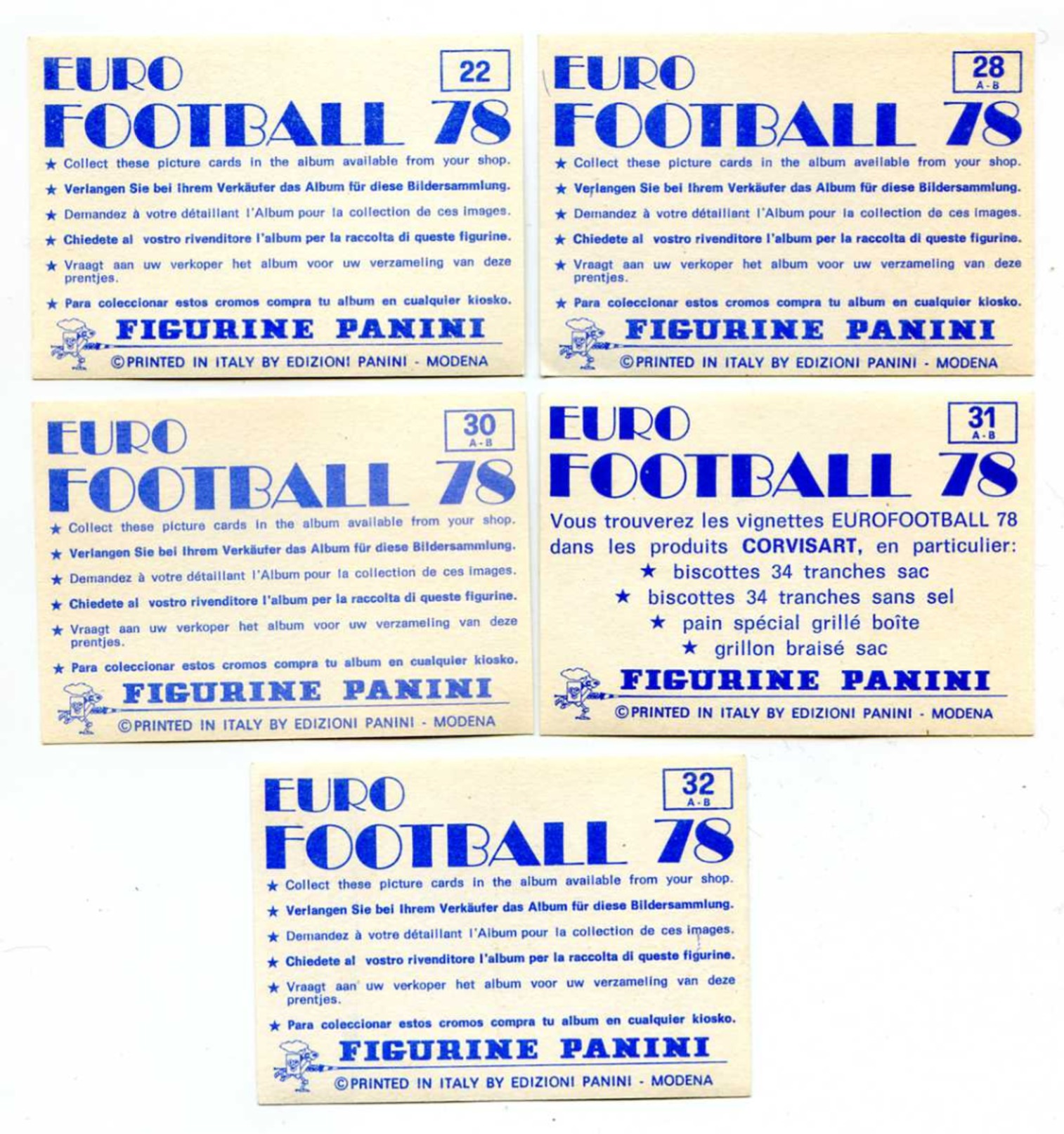 47 - LOT 5 IMAGES PANINI EURO FOOTBALL 78 FORMAT 86 X 60 Mm- N° 22, 28, 30, 31, 32 - Edition Française