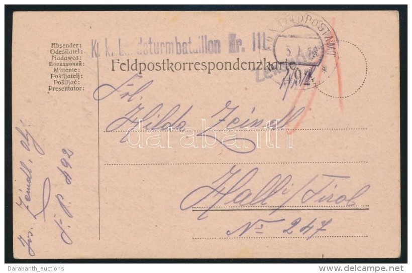 1918 T&aacute;bori Posta LevelezÅ‘lap 'K.k. Landsturmbataillon' + 'FP 492 B' - Other & Unclassified