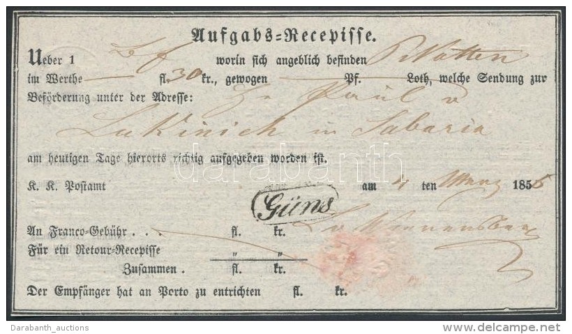 1856 Aufgabs Recepisse Rendk&iacute;v&uuml;l Ritka 'G&Uuml;NS' B&eacute;lyegz&eacute;s - Sonstige & Ohne Zuordnung