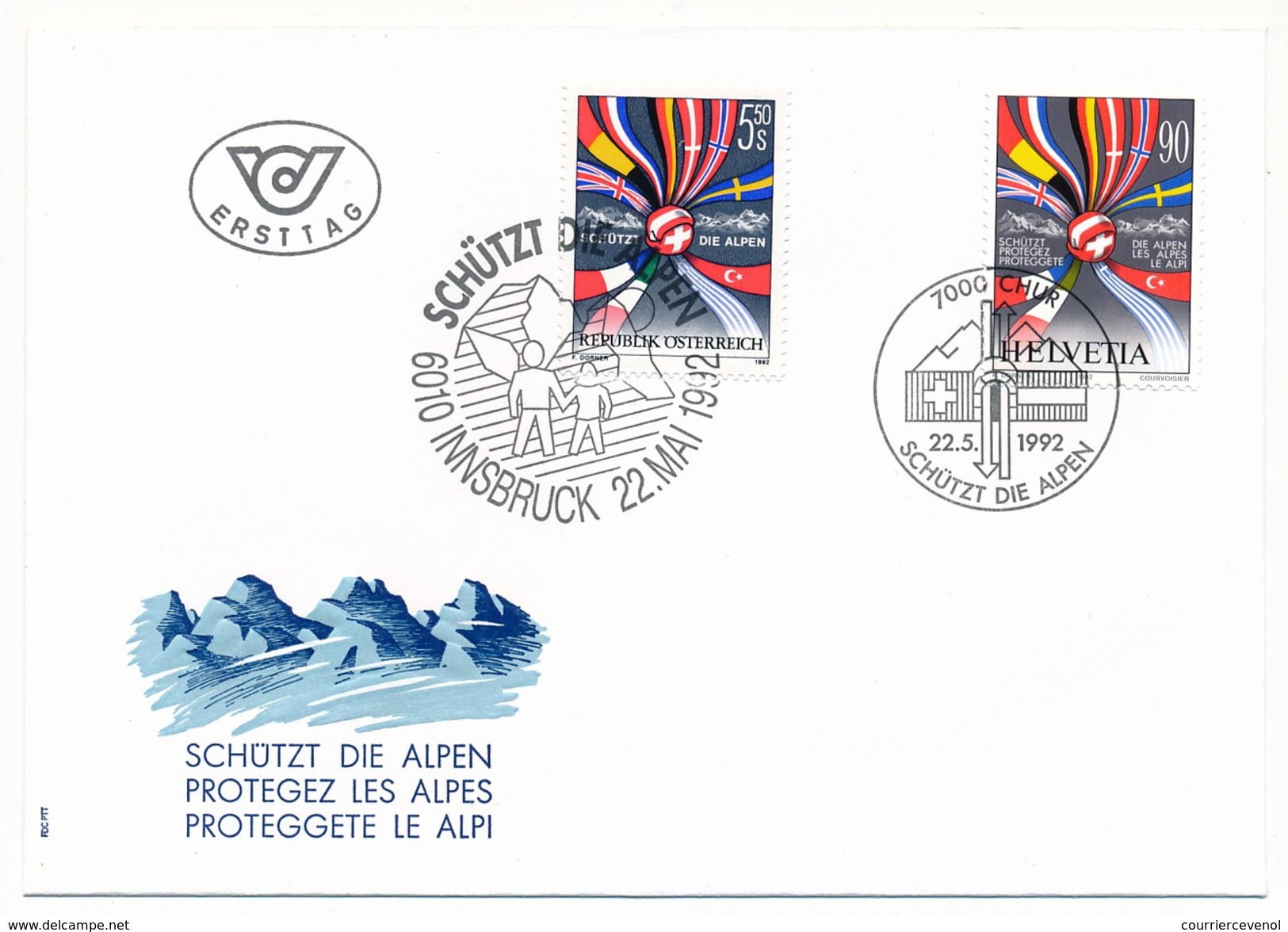 SUISSE -  FDC 1992 - Emission Commune AUTRICHE / SUISSE - Protégez Les Alpes - 2 Enveloppes Innsbruck Et Chur - FDC