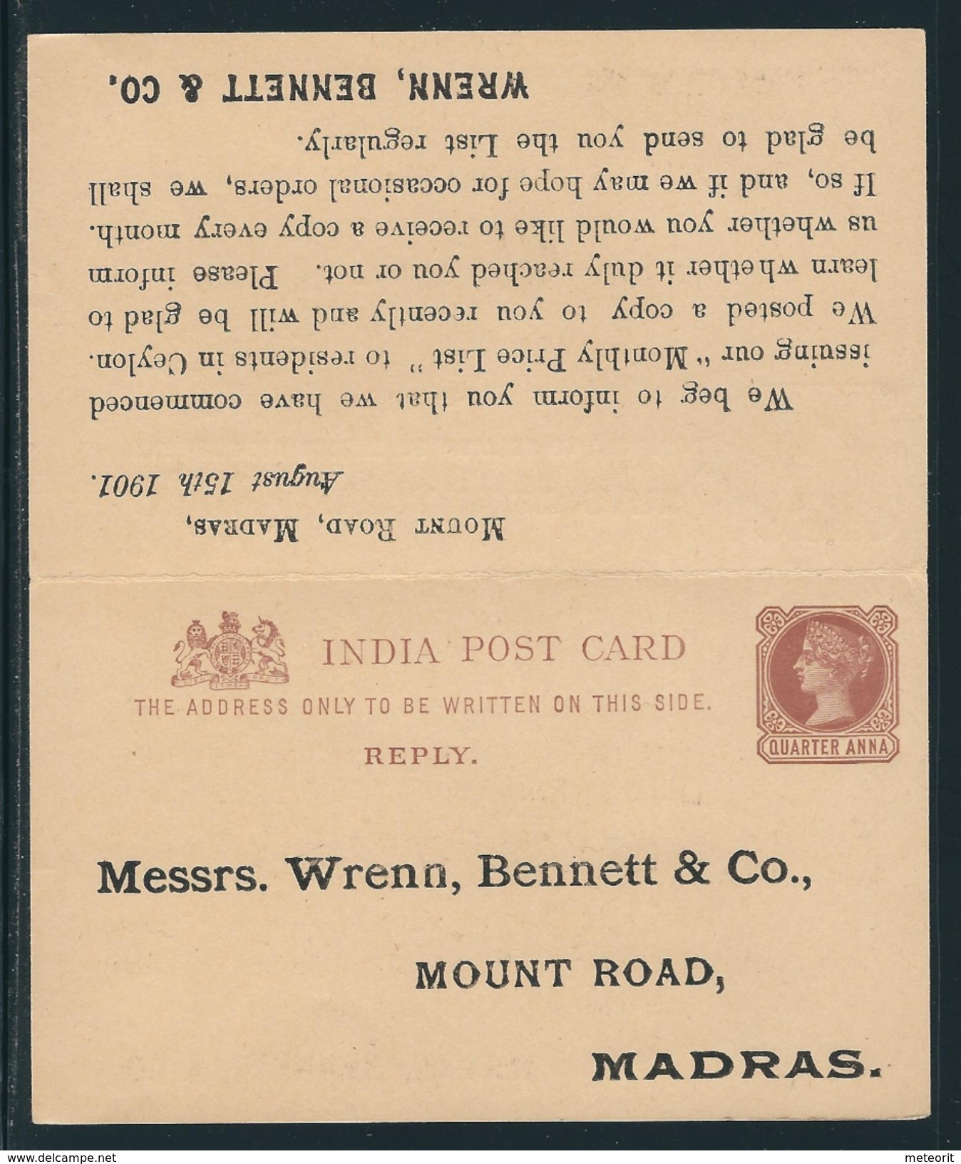 1/4 /1/4 Anna Stationery Card With Reply, Private Printing, From Mount Road Madras To Colombo, Ceylon 22. AU. 01 - Ohne Zuordnung