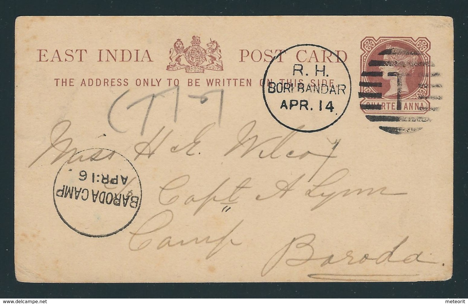 East India 1/4 Anna Stationery Card From R.H. BORI BANDAR APR. 14 To BARODA CAMP APR:16 - Unclassified