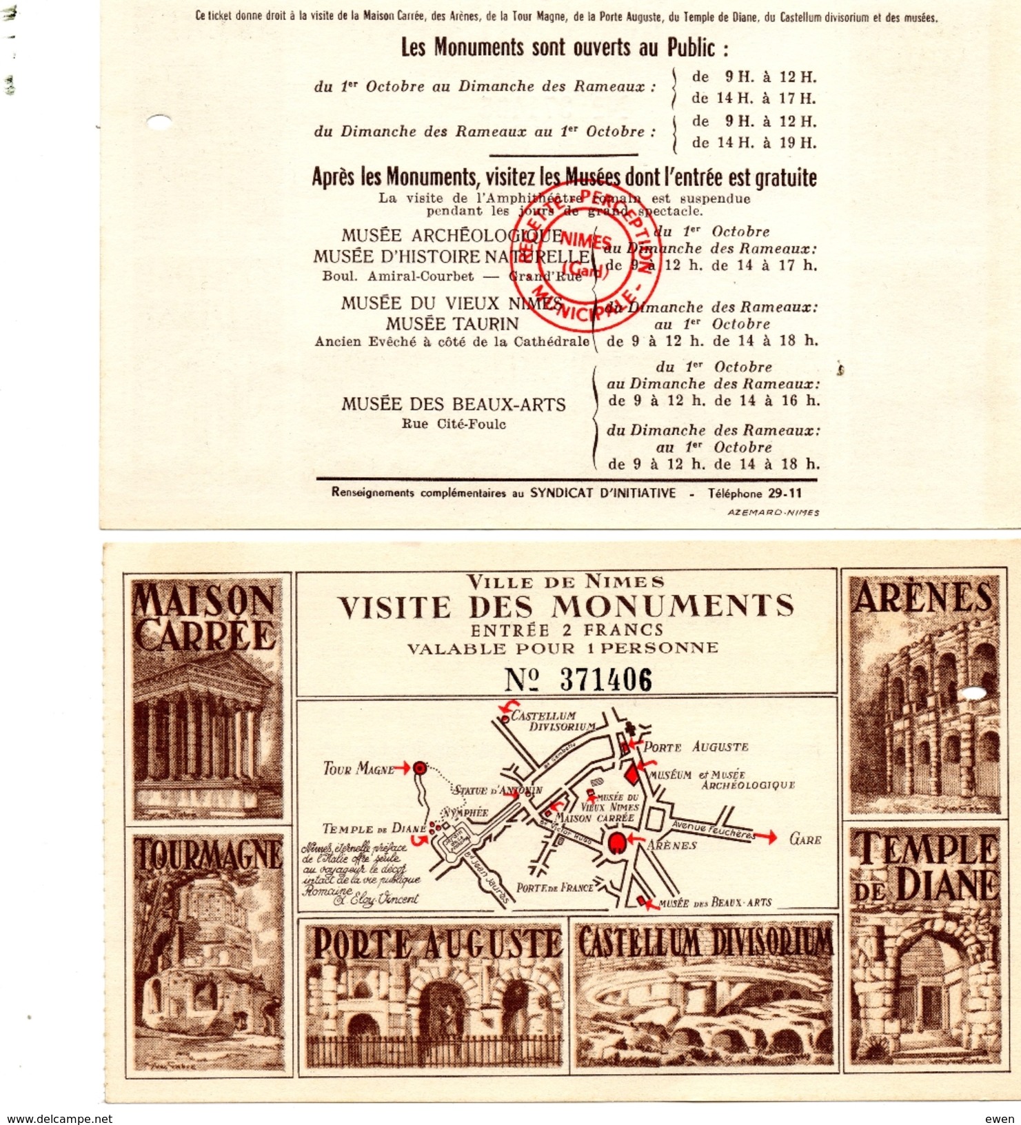 Nîmes. 2 Tickets D'entrée à 2 Francs Pour La Visite Des Monuments. Années 50. - Tickets D'entrée