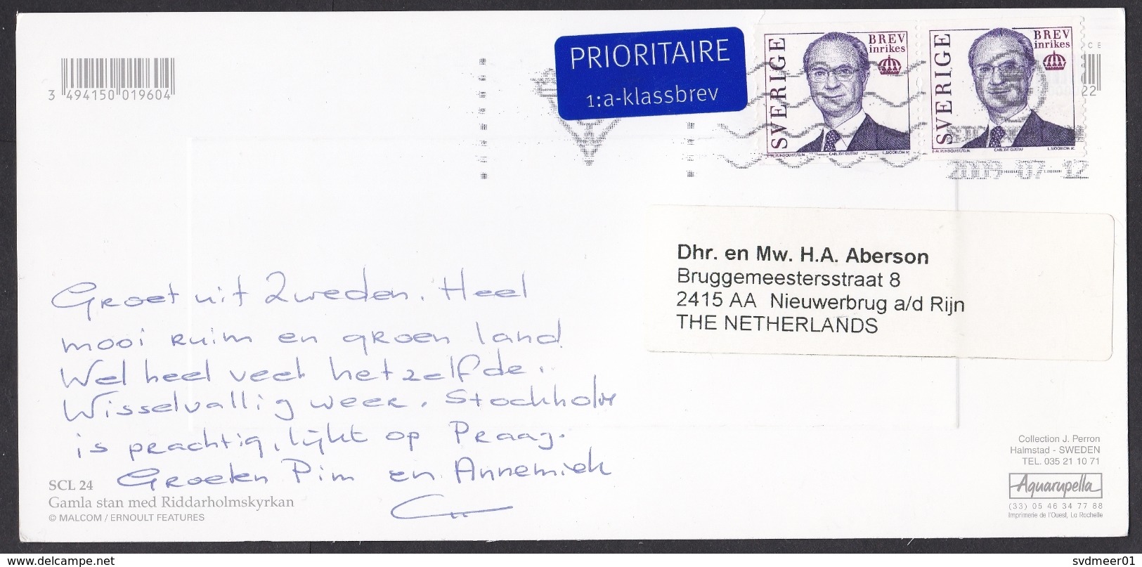 Sweden: PPC Picture Postcard To Netherlands, 2009, 2 Stamps, King, Priority Label, Card: Stockholm (traces Of Use) - Lettres & Documents