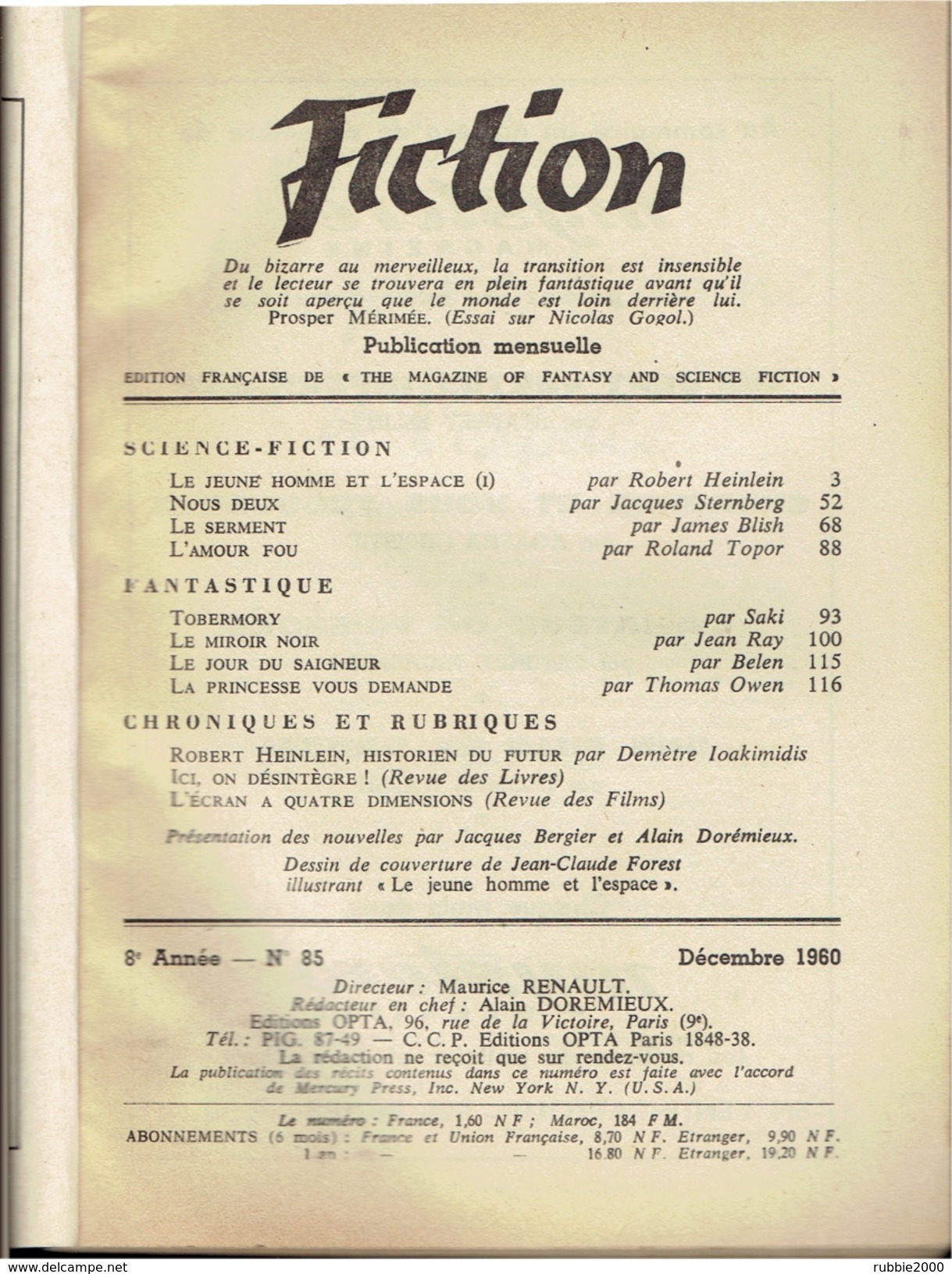 FICTION 1960 NUMERO 85 REVUE DE L ETRANGE FANTASTIQUE SCIENCE FICTION - Fictie