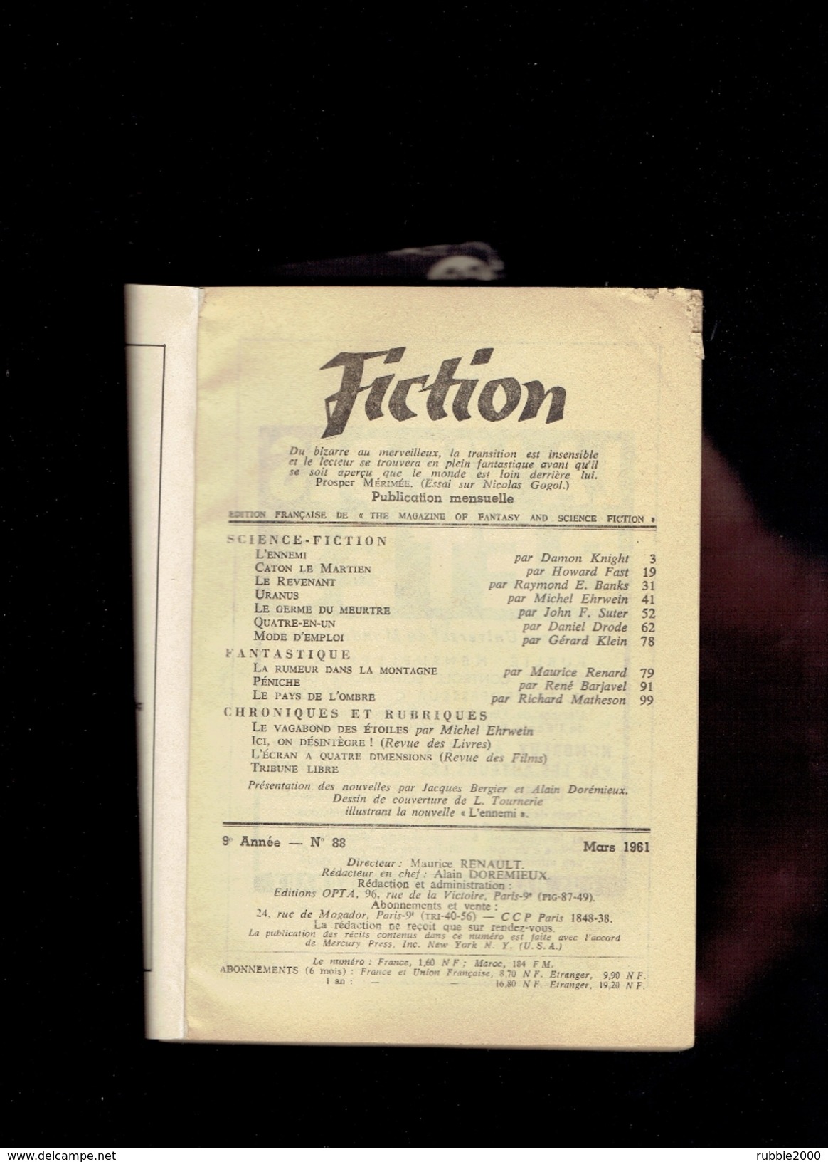 FICTION 1961 NUMERO 88 REVUE DE L ETRANGE FANTASTIQUE SCIENCE FICTION - Fiction