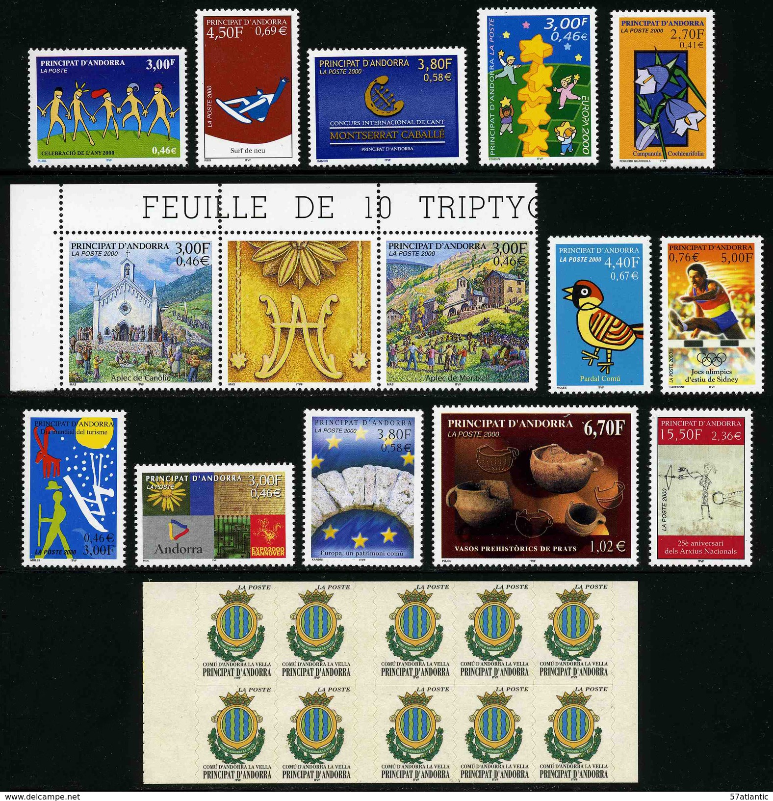 ANDORRE FRANCAIS - ANNEE COMPLETE 2000 - YT 525 à 539 ** + CARNET C10 -  TIMBRES NEUFS ** - Années Complètes