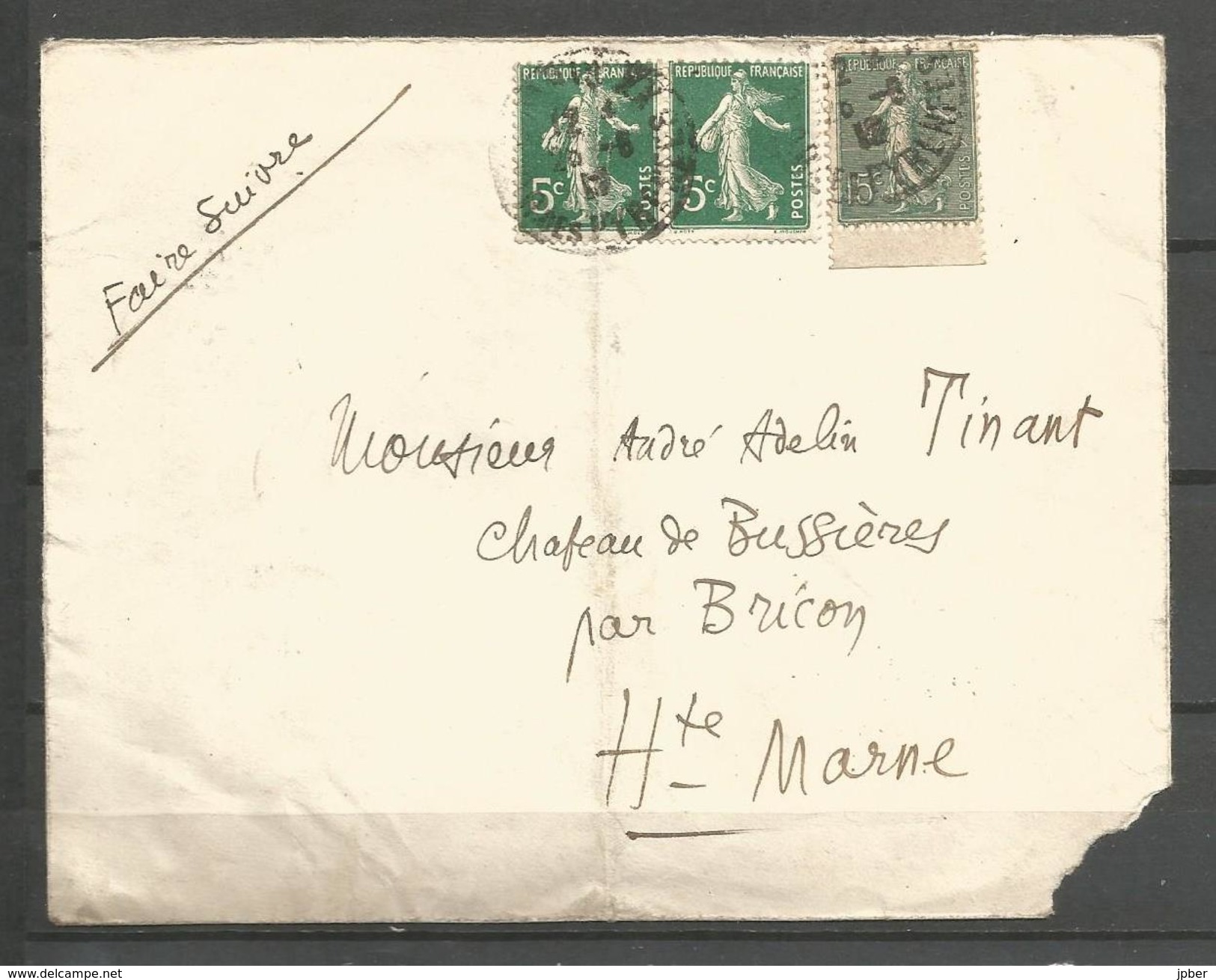 France - F1/291 - Type Semeuse Camée Et Lignée Sur Lettre Pour Bussières Par Bricon - N°137 Paire + N°130 Du Carnet - Cartas & Documentos