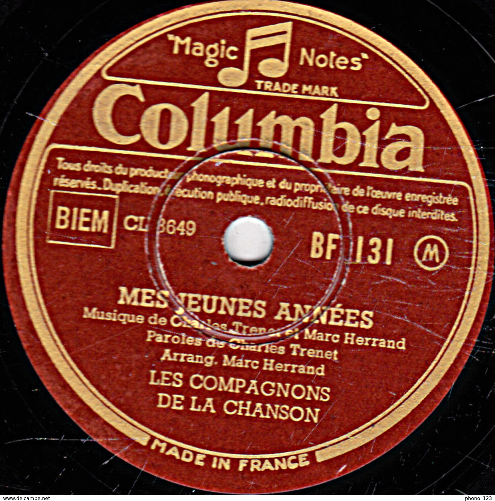 78 T. - 25 Cm - état  B -  LES COMPAGNONS DE LA CHANSON - MES JEUNES ANNEES - MON BATEAU - 78 T - Disques Pour Gramophone