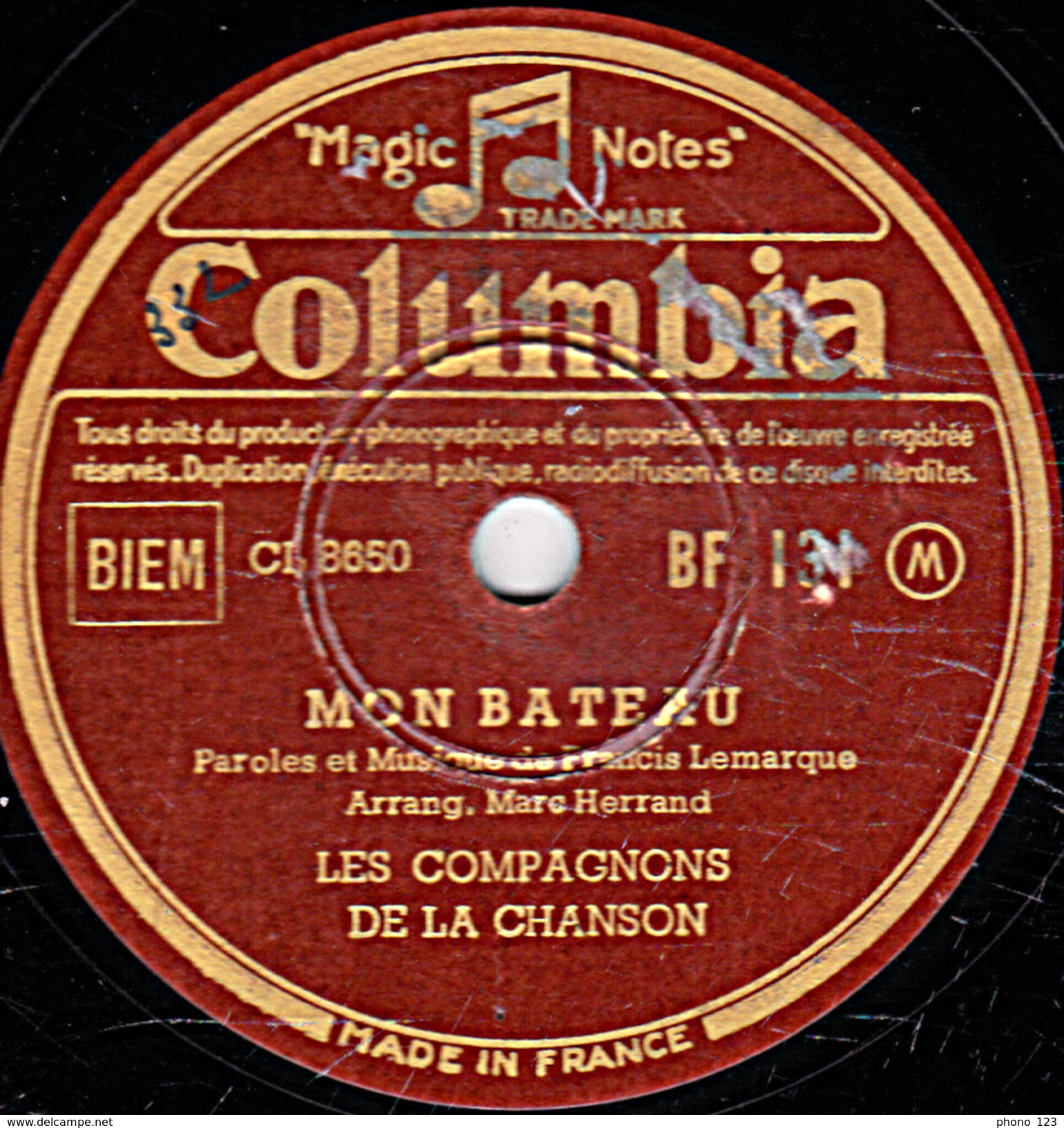 78 T. - 25 Cm - état  B -  LES COMPAGNONS DE LA CHANSON - MES JEUNES ANNEES - MON BATEAU - 78 T - Disques Pour Gramophone