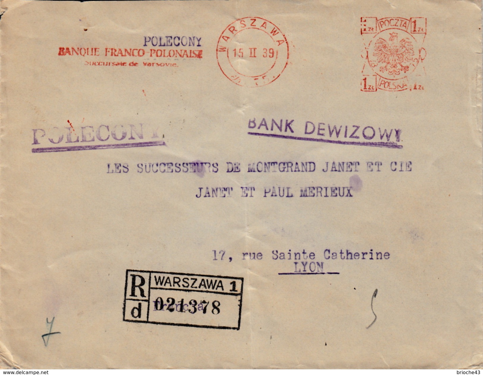 POLOGNE- EMA POCZTA 1zt-  RECOMMANDE WARSZAWA POUR LYON 15.II.39 - POLECONY BANQUE DEWIZOWI - Sonstige & Ohne Zuordnung