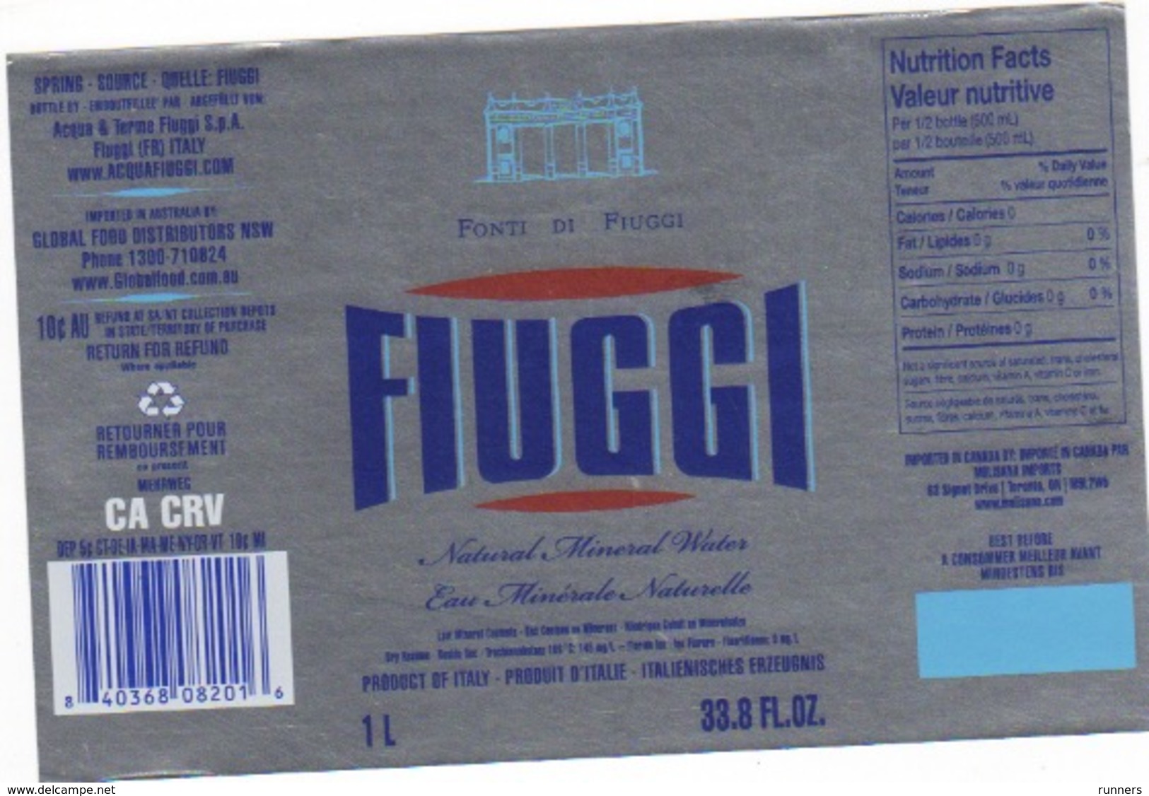 Etichetta Acqua Minerale FIUGGI In Lingua USA  Tipo Argento NATURAL - Other & Unclassified