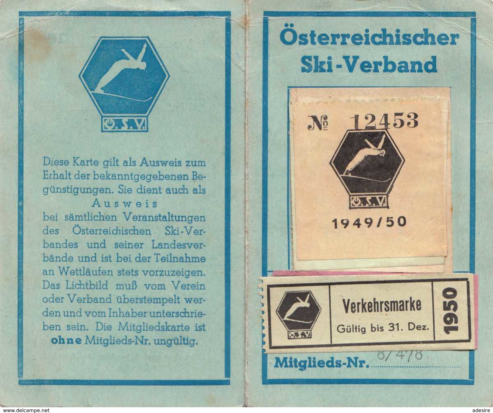 MITGLIEDSKARTE 1949/50 Des Österreichischen SKI-VERBANDES ÖSV (Abgelöstes Bild) - Historische Dokumente