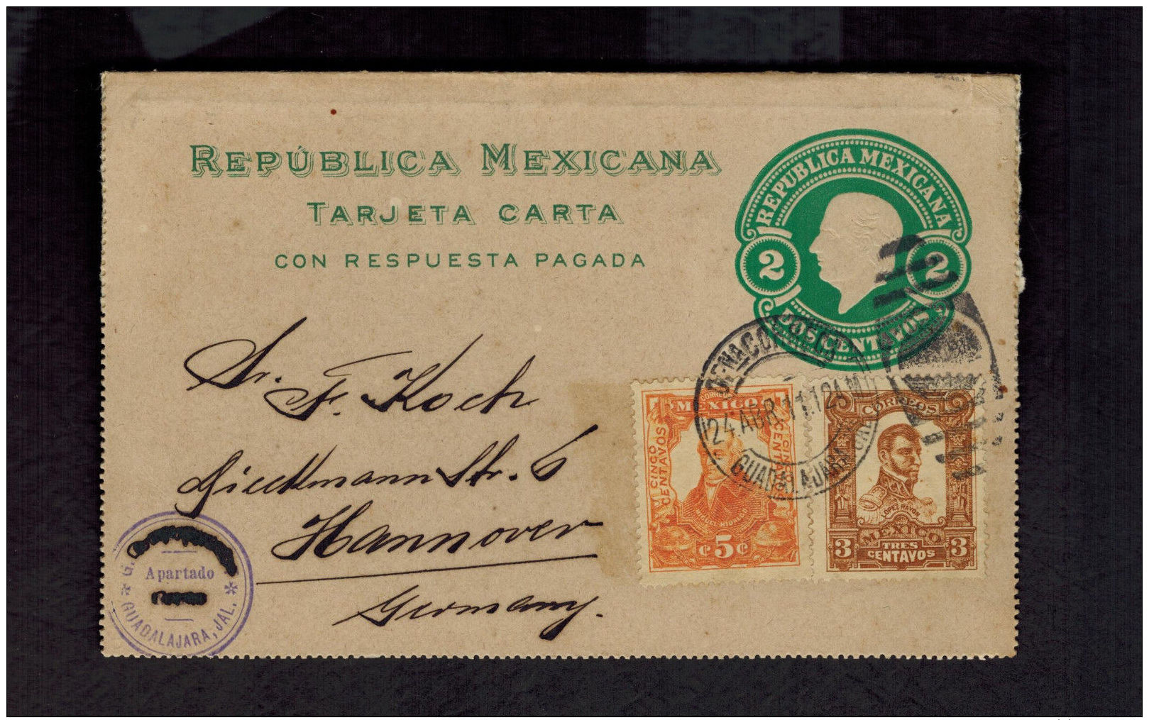 1911 Guadalajara Mexico Postcard Cover To Hannover Germany Uprated Postal Statio - Mexico