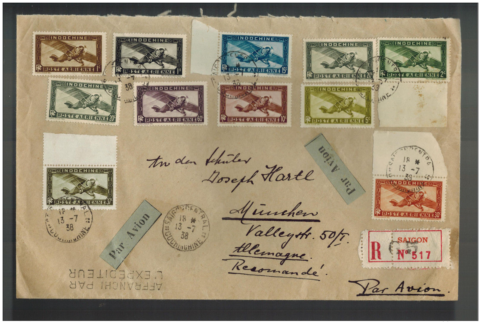 1936 Saigon Vietnam  Airmail Oversize Cover To Munich Germany Via Tientsin Paris - Vietnam