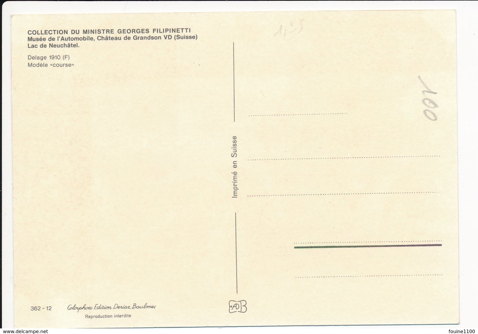 Carte Format 15 X 10 Cm Collection Du Ministre Georges Filipinetti Château De Grandson Delage 1910 Modèle Course - Voitures De Tourisme