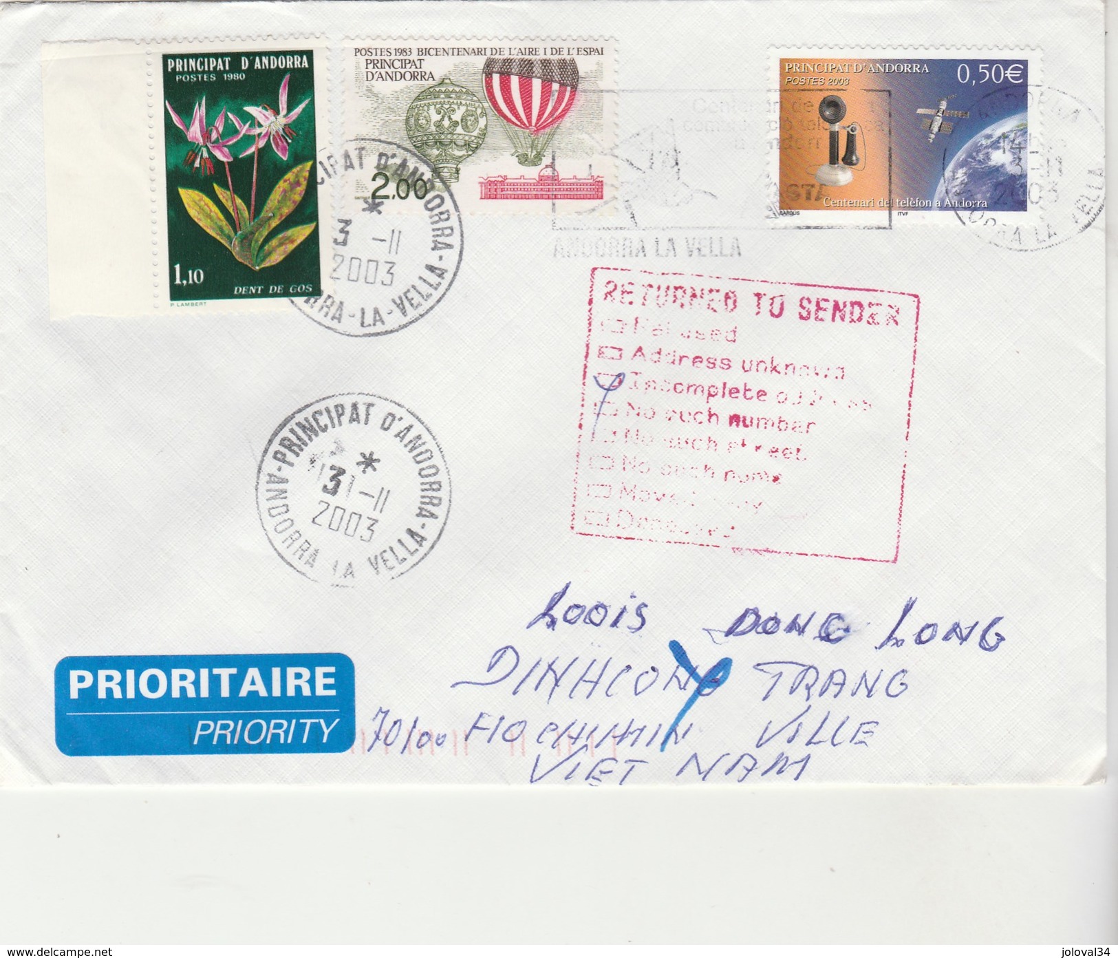 Andorre Yvert 286 Fleurs + 310 Montgolfière + 586 Téléphone Sur Lettre 3/11/2003 Pour Viet Nam - Retour Envoyeur - Briefe U. Dokumente