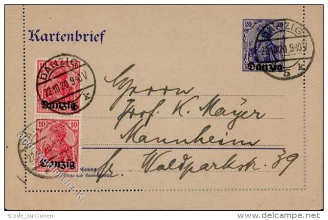 Danzig, K1 U.a., 1920, 20 Pf Blau Kartenbrief (mit Rand) Mit 10 Pf Rot (2) Zusatz, DB DANZIG 22.10.20", Nach Mannheim I- - Unclassified