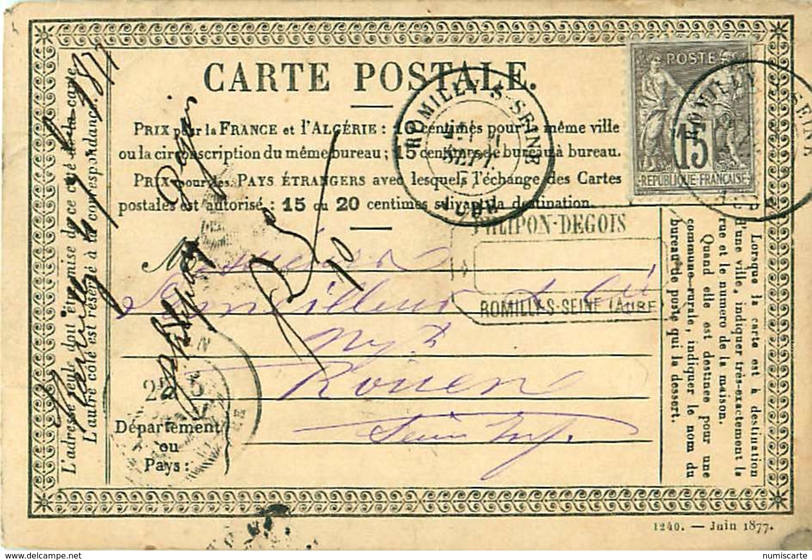 Cpa Précurseur 1877 De ROMILLY SUR SEINE 10 Pour Rouen, PHILIPON - DEGOIS à Romilly - Romilly-sur-Seine