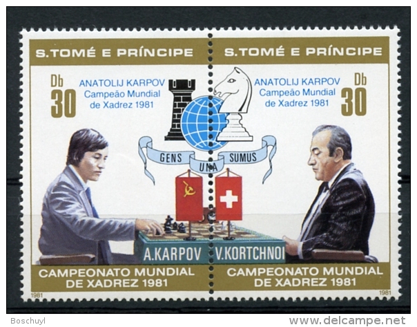 Sao Tome And Principe, 1981, Chess, Echec, Karpov,MNH Perf Pair, Blue Overprint, Michel 712-13A - Sao Tome Et Principe