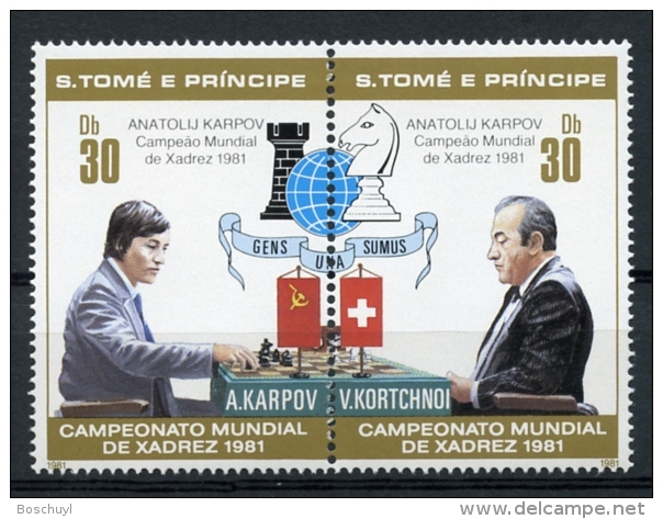 Sao Tome And Principe, 1981, Chess, Echec, Karpov, MNH Perf Pair, Black Overprint, Michel 712-13A - Sao Tome Et Principe