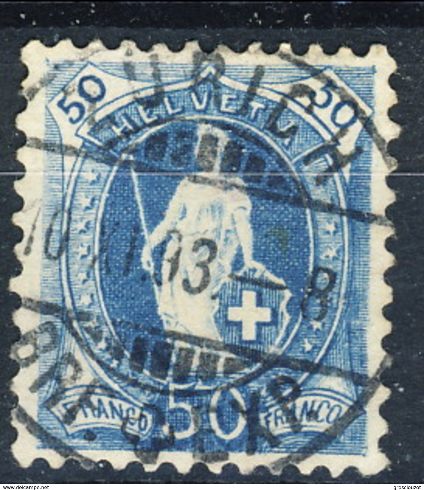 Svizzera 1882-1904 N. 76 C. 50 Azzurro Fil. 1 Usato Cat. &euro; 30 - Gebraucht