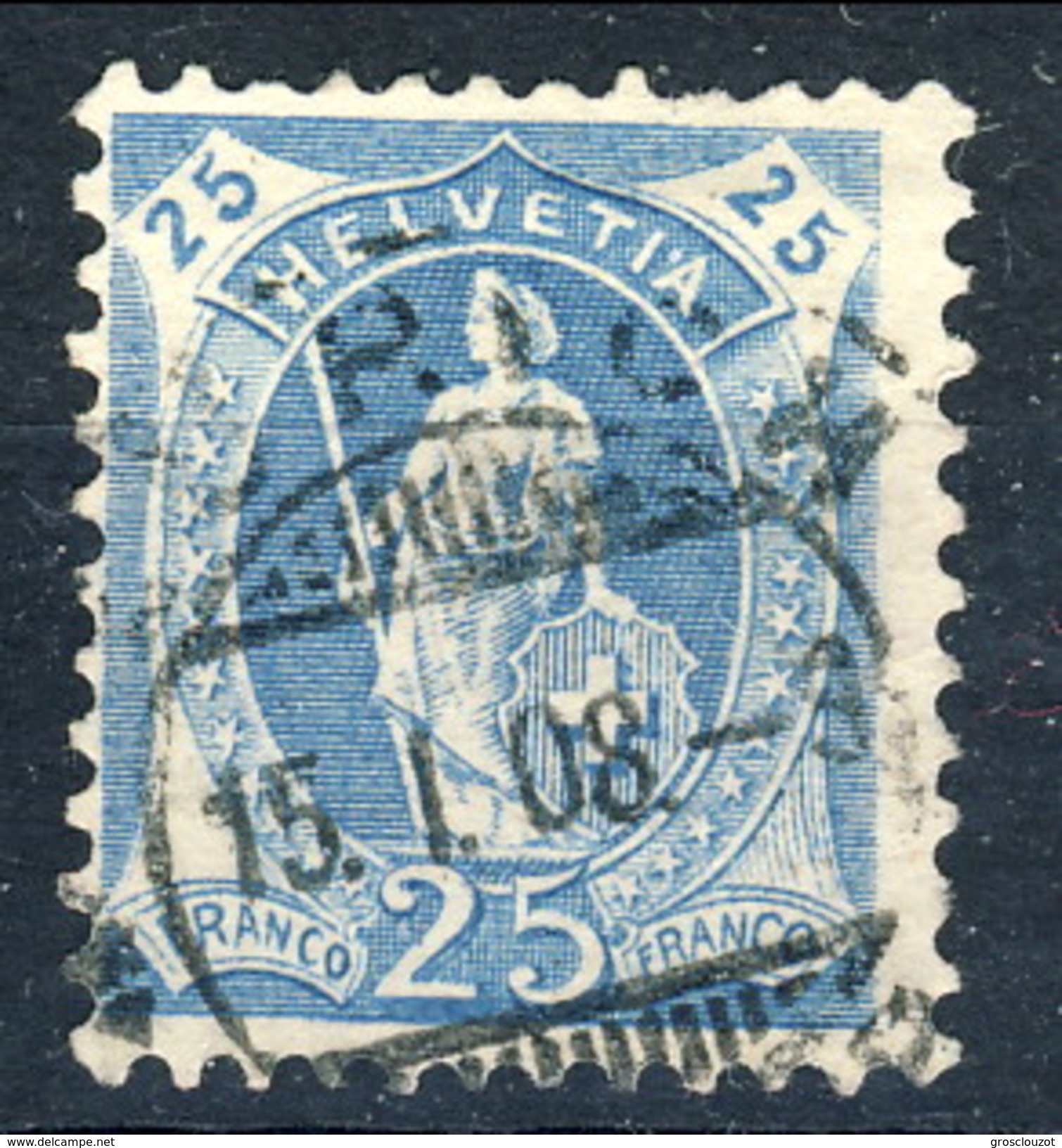 Svizzera 1905-1906 N. 94 C. 25 Celeste Fil. 2 Usato Cat. &euro; 20 - Oblitérés