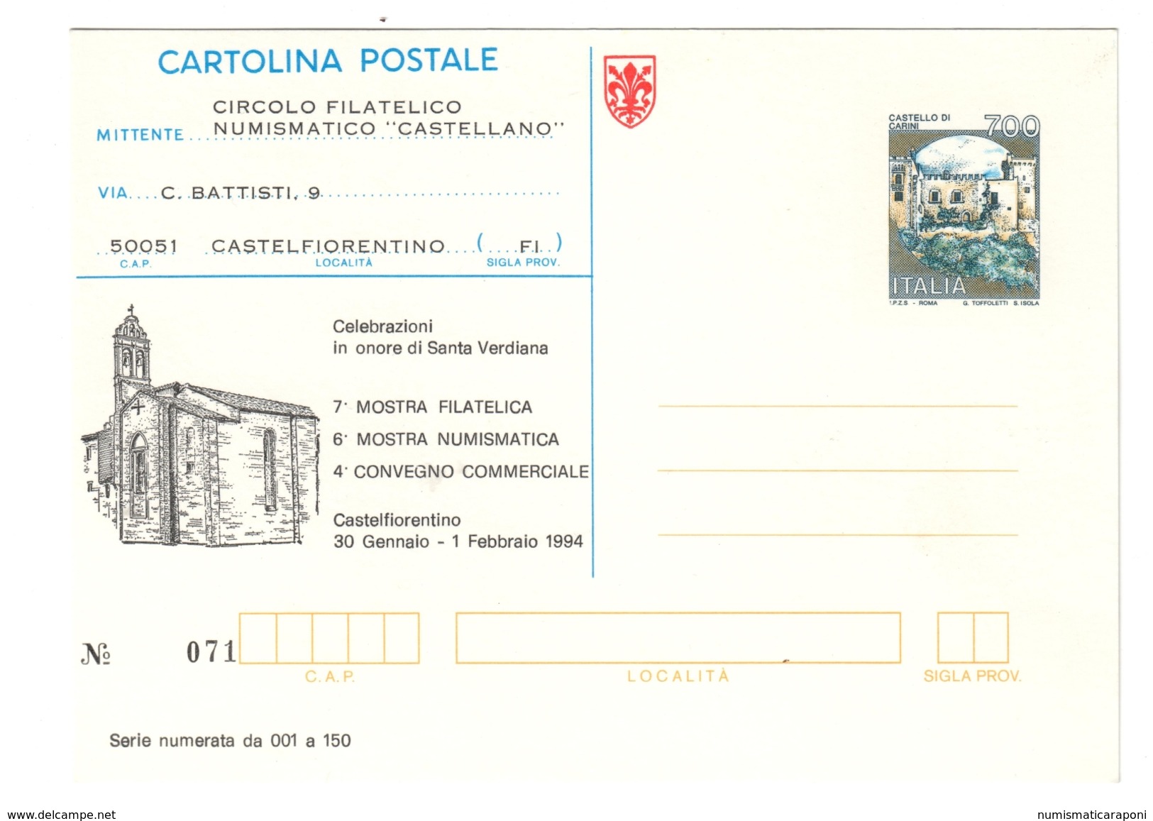 Cartolina Postale Castelli 700 Lire Castelfiorentino Serie Numerata Da 001 A 150 Nuovo Cod.c.1944 - 1981-90: Storia Postale