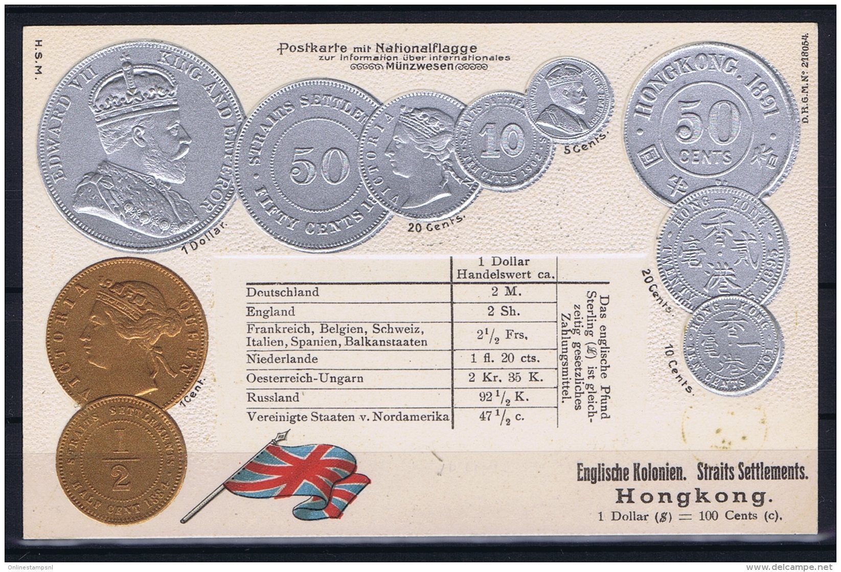 Hong Kong  Embossed Illustrated Coin Postcard Hong KOng And Straits Settlements Clean And Very Fine - Postwaardestukken