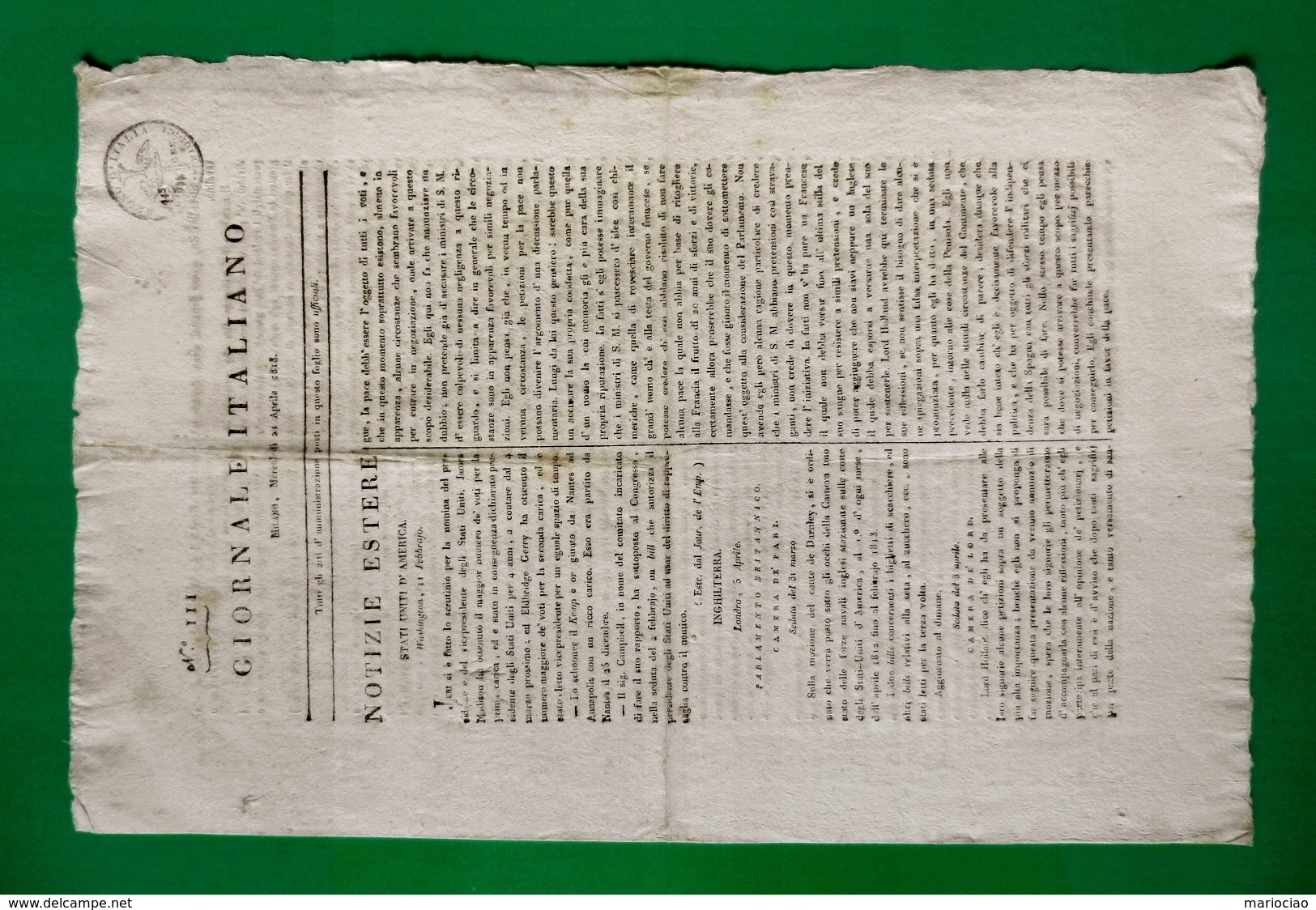 D-IT Giornale Italiano MILANO 1813 -periodo Regno D'Italia Di Napoleone - Documents Historiques