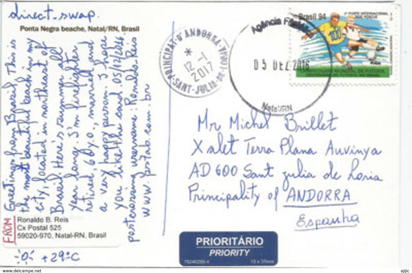 Ponta Negra,famous Beach Of The City Of Natal.,postcard Addressed To ANDORRA, With Arrival Postmark - Natal