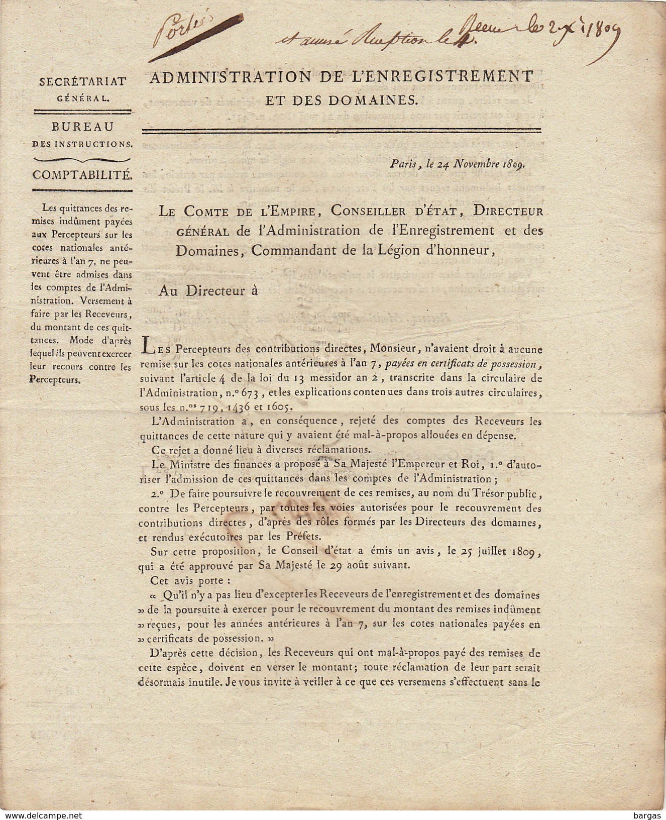 LAC Conseiller D'état Enregistrement Et Domaines Affranchi Par L'état Pour Mons Jemmapes Jemappes 1809 - 1801-1848: Vorläufer XIX