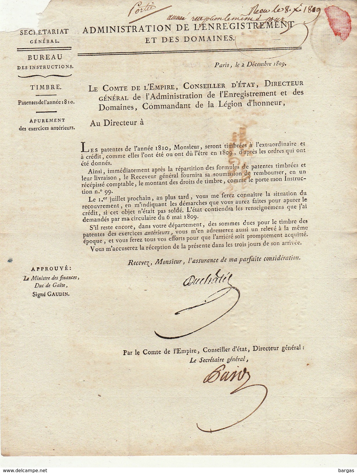 LAC Conseiller D'état Enregistrement Et Domaines Affranchi Par L'état Pour Mons Jemmapes Jemappes 1809 - 1801-1848: Voorlopers XIX