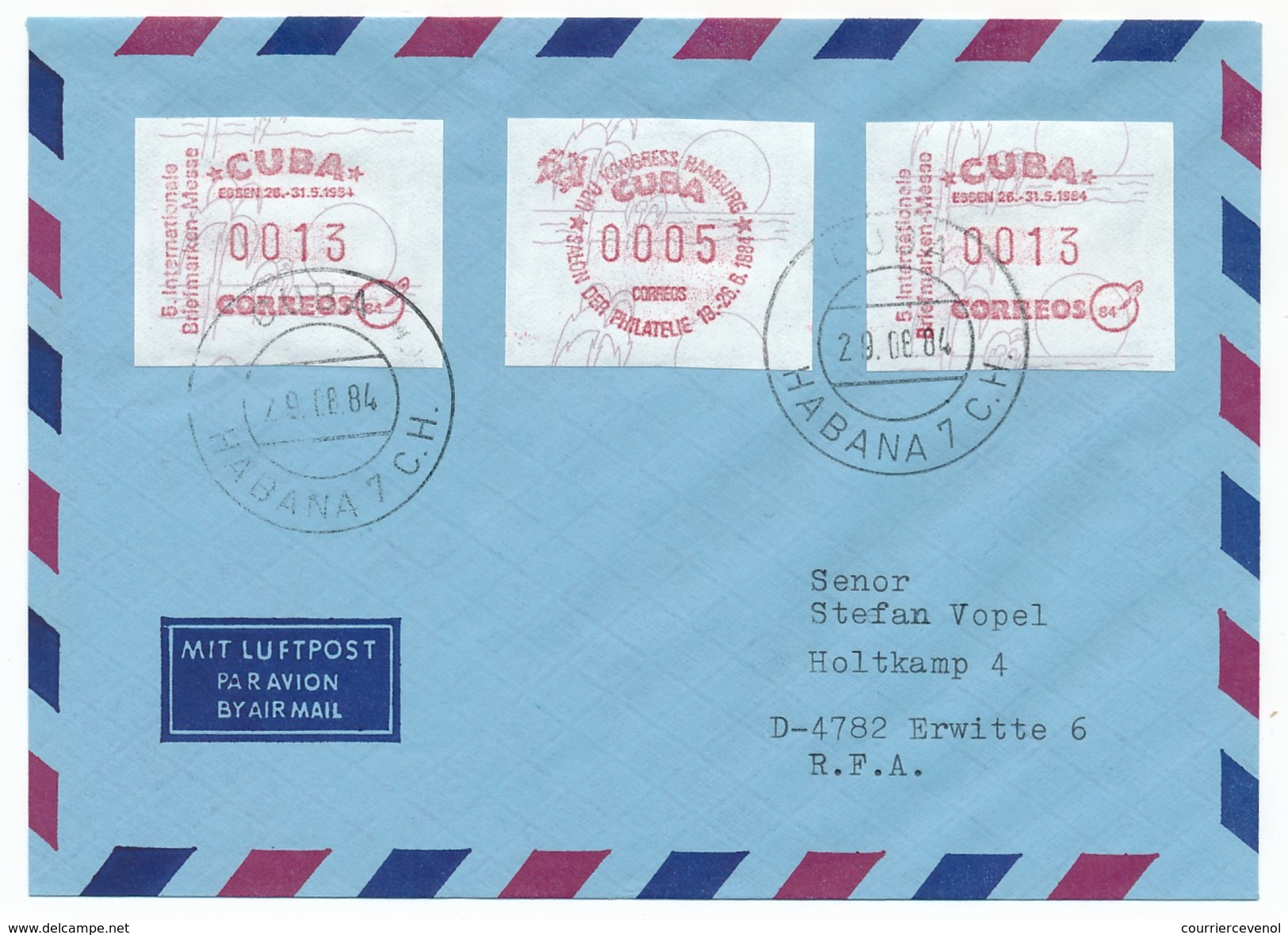 CUBA - 12 docs (cartons + enveloppes) affranchies vignettes d'affranchissement - Salon philatélique de Hambourg - 1984