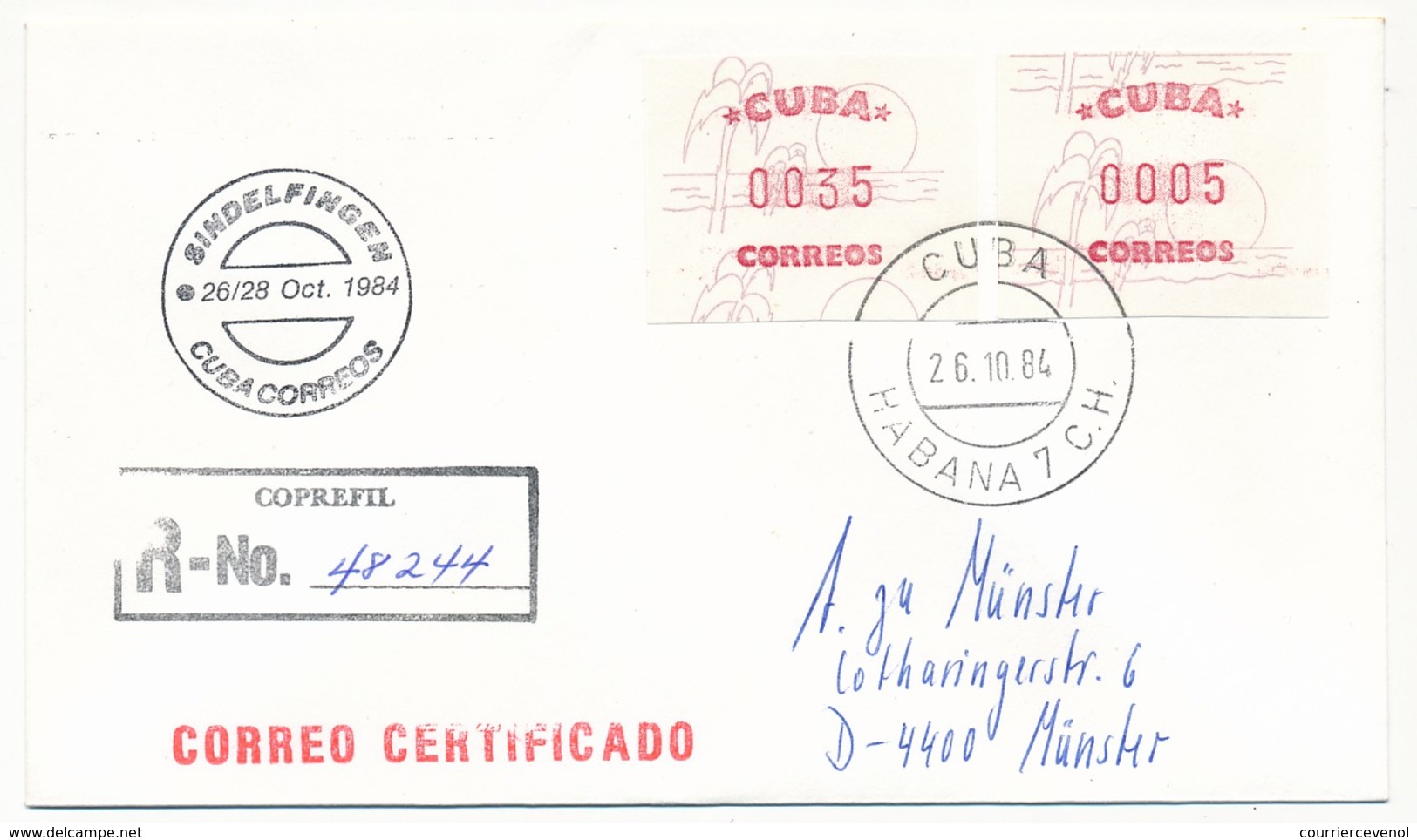 CUBA - 12 docs (cartons + enveloppes) affranchies vignettes d'affranchissement - Salon philatélique de Hambourg - 1984