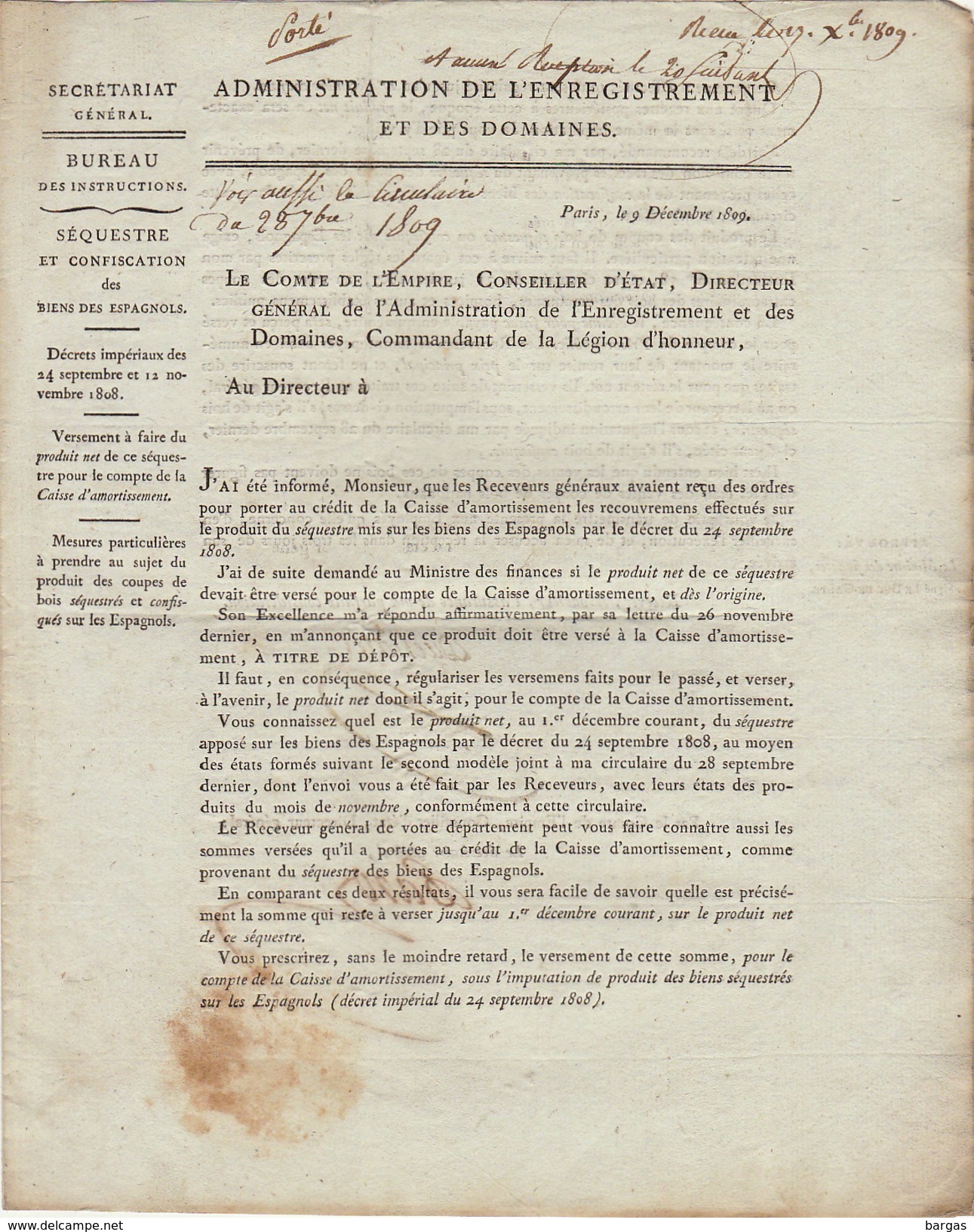 LAC Conseiller D'état Enregistrement Et Domaines Affranchi Par L'état Pour Mons Jemmapes Jemappes 1809 - 1801-1848: Précurseurs XIX
