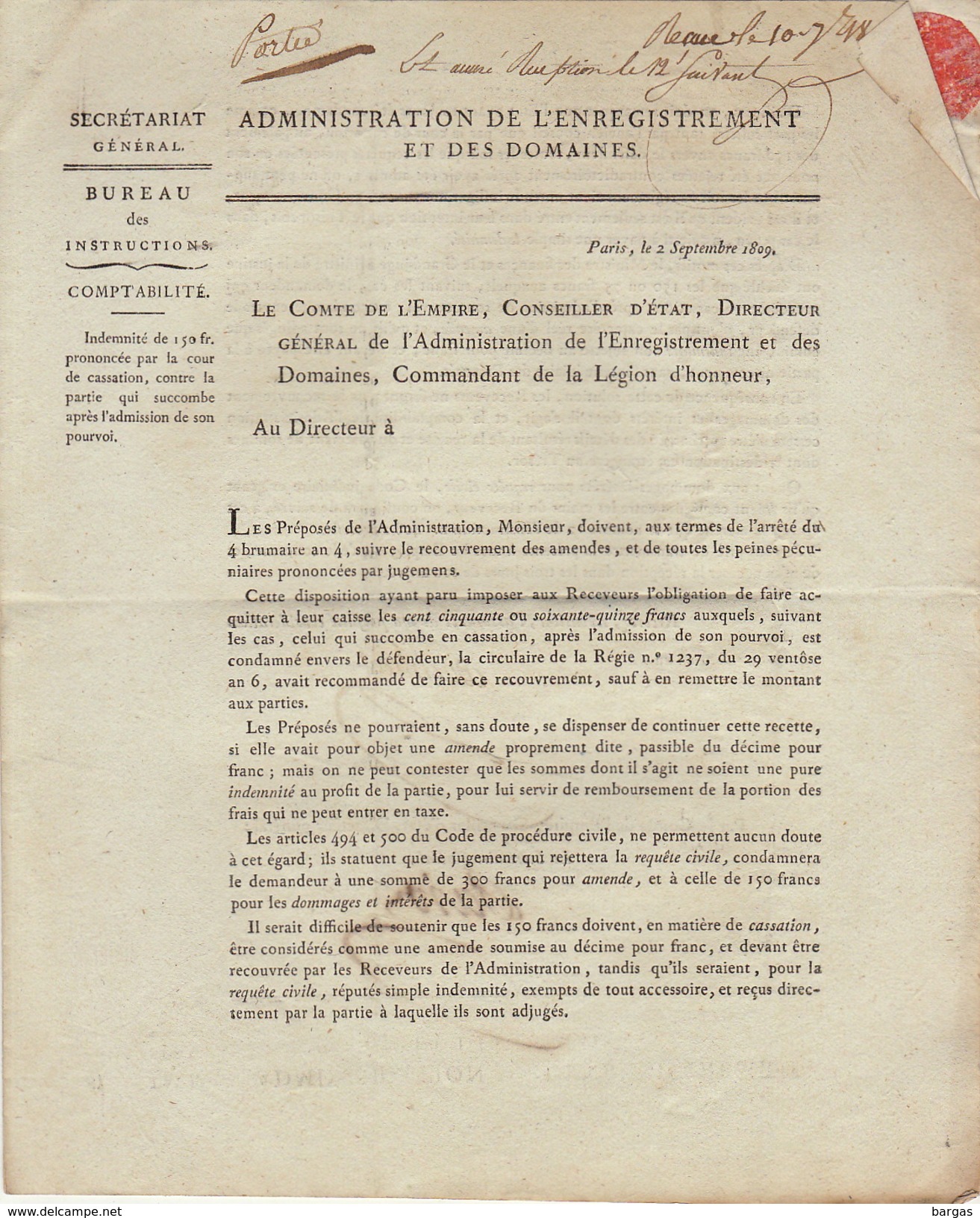 LAC Conseiller D'état Enregistrement Et Domaines Affranchi Par L'état Pour Mons Jemmapes Jemappes 1809 - 1801-1848: Voorlopers XIX