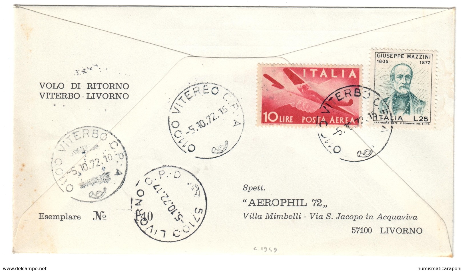 1972 Aerophil Trasporto Postale Con Elicottero Corriere Aereo Speciale Livorno Viterbo + Sul Retro Volo Di Ritorno C1949 - 1971-80: Storia Postale