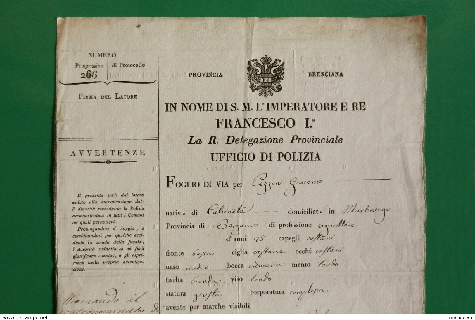 D-IT  Foglio Di Via REGNO LOMBARDO VENETO Brescia 1826 FRANCESCO I - Reisepass - Documents Historiques