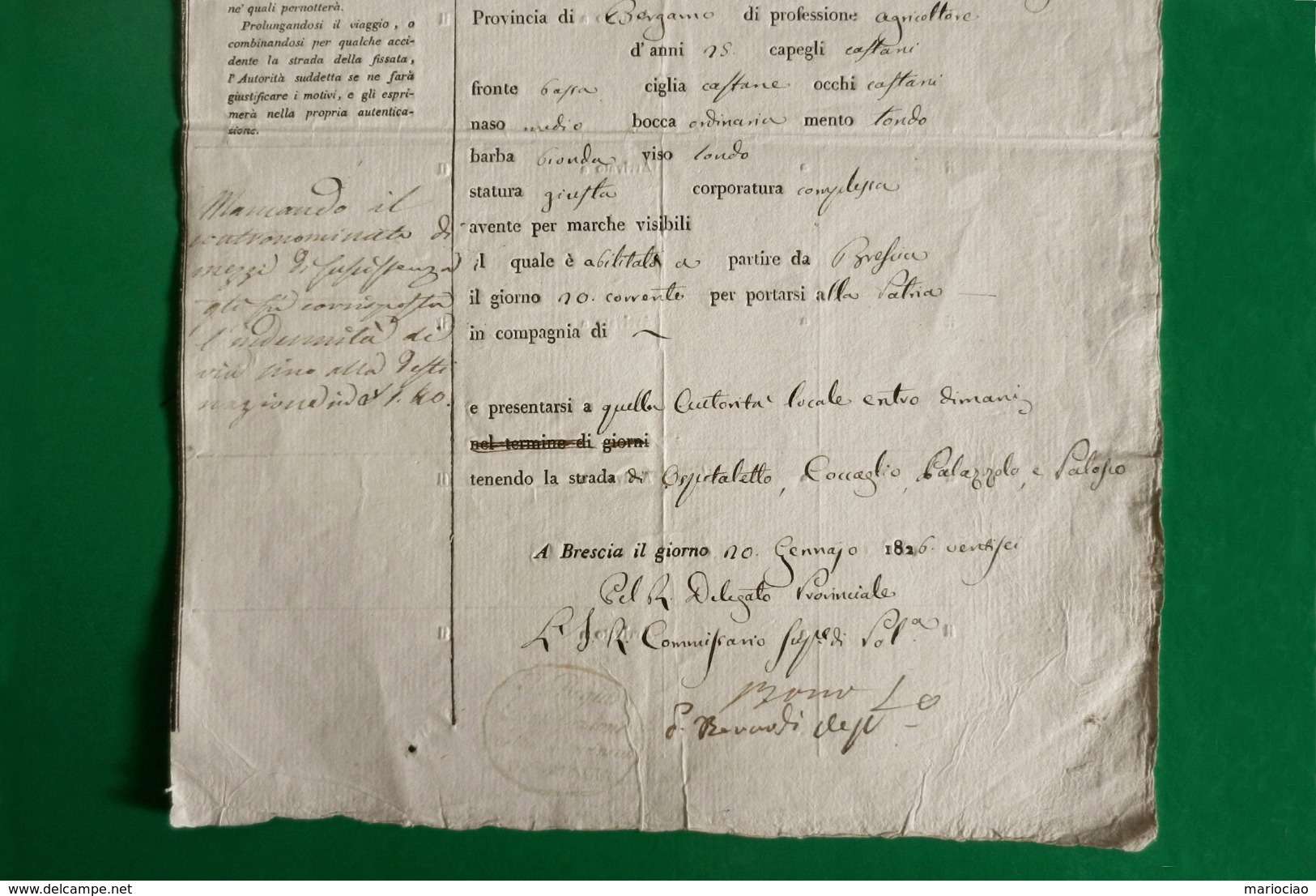 D-IT  Foglio Di Via REGNO LOMBARDO VENETO Brescia 1826 FRANCESCO I - Reisepass - Documents Historiques