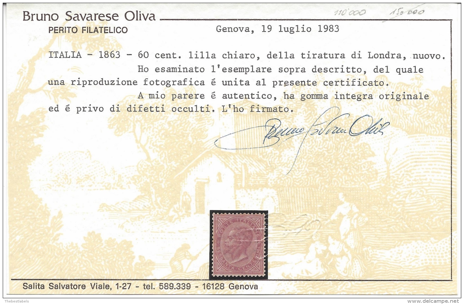 Italy 1863 60c Lilla Sassone N&ordm; L21 Catalog Value 3500&euro; Certificate - Nuevos