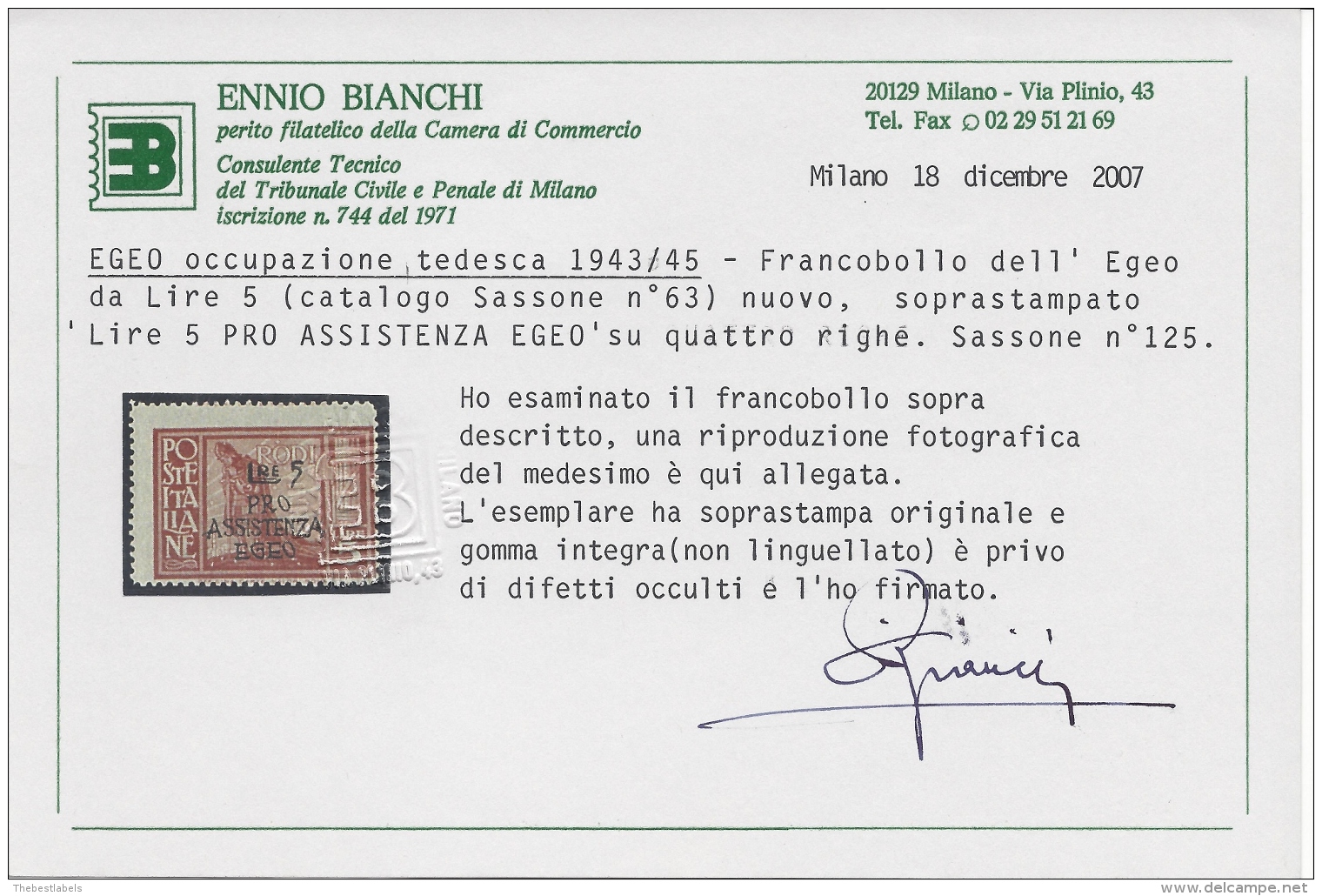 Italy Occupazione Tedesca Pro Assistenza Egeo  Sassone N&ordm; 118/125 Y E3/E4 Catalog Value 1250&euro; Certificate - Ägäis