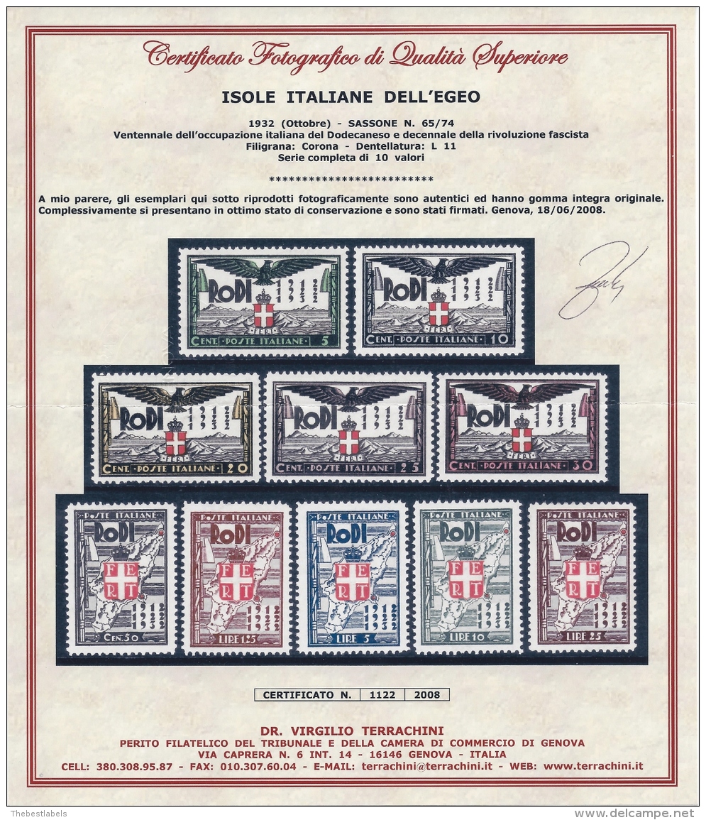 Italy Egeo 1932 Ventennale Rivolucione Fascista Sassone N&ordm; 65/74 Catalog Value 1250&euro; Certificate - Egeo