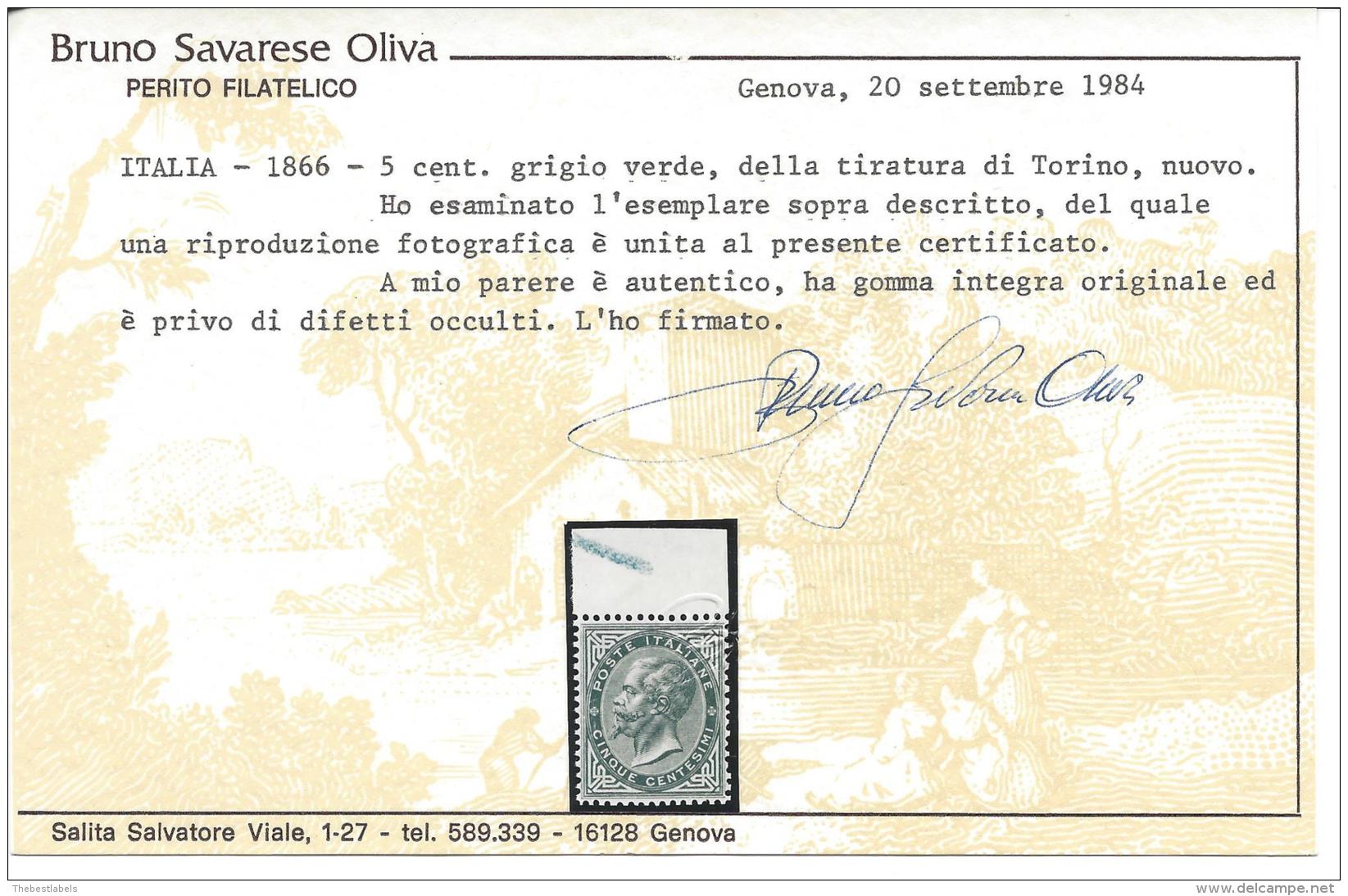 Italy 1863 5c Verde Sassone N&ordm; T16 Catalog Value 14000&euro; Certificate - Nuevos