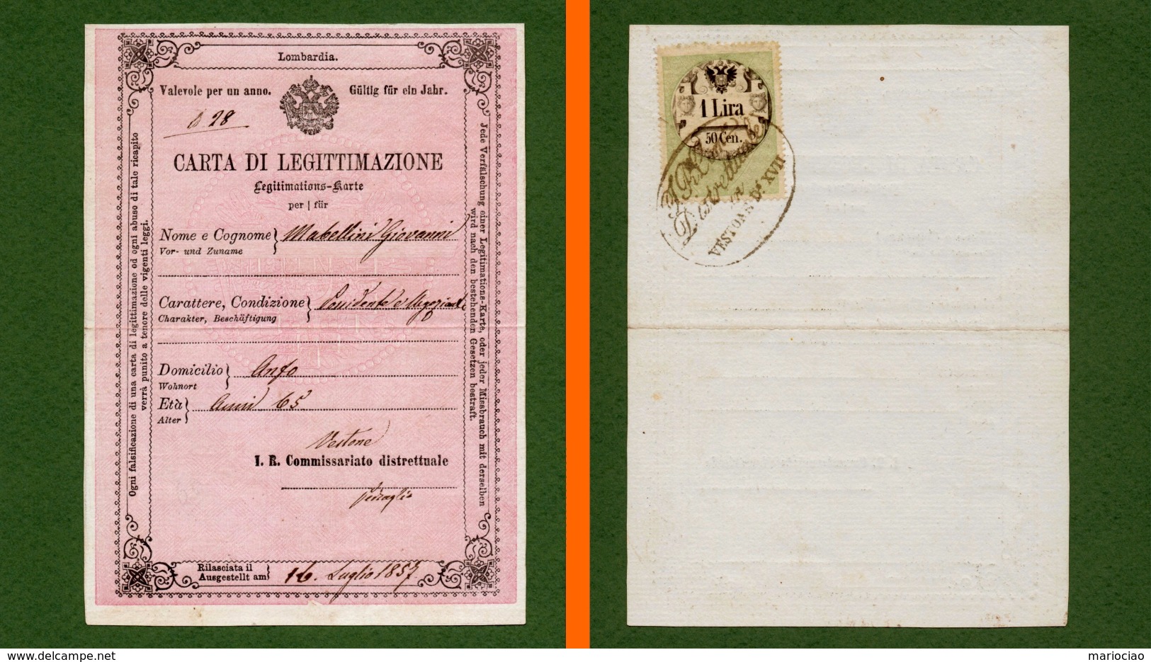 D-IT CARTA DI LEGITTIMAZIONE Regno Lombardo Veneto 1857 ANFO (Brescia) - Documents Historiques